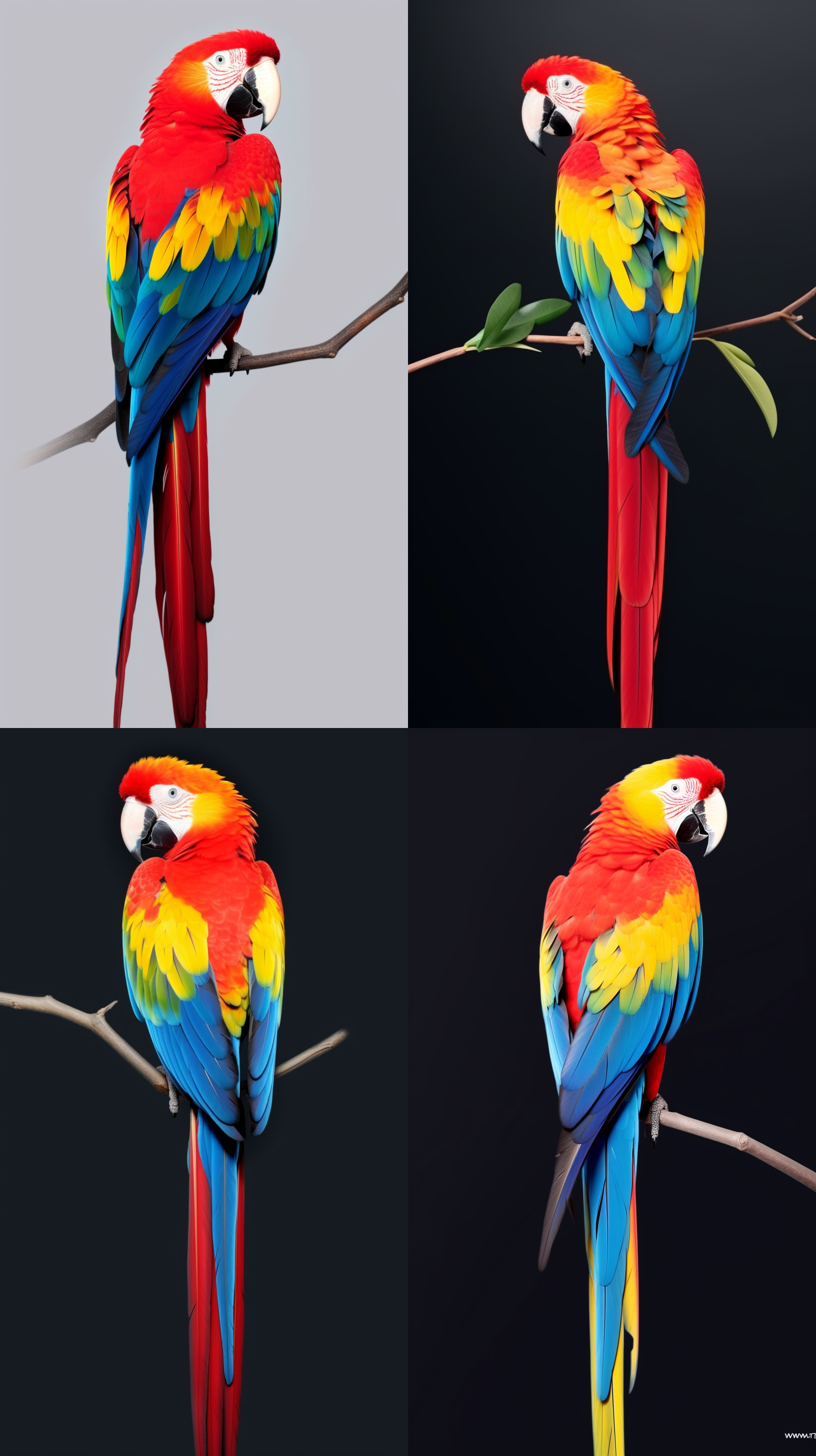 一只迷人的鹦鹉，身体纤细，装饰着鲜艳的多色羽毛。鹦鹉的尾巴上有几根长长的羽毛。它靠在白色背景的细长树枝上。构图完整，图像所需的分辨率为 4k。高清图像。