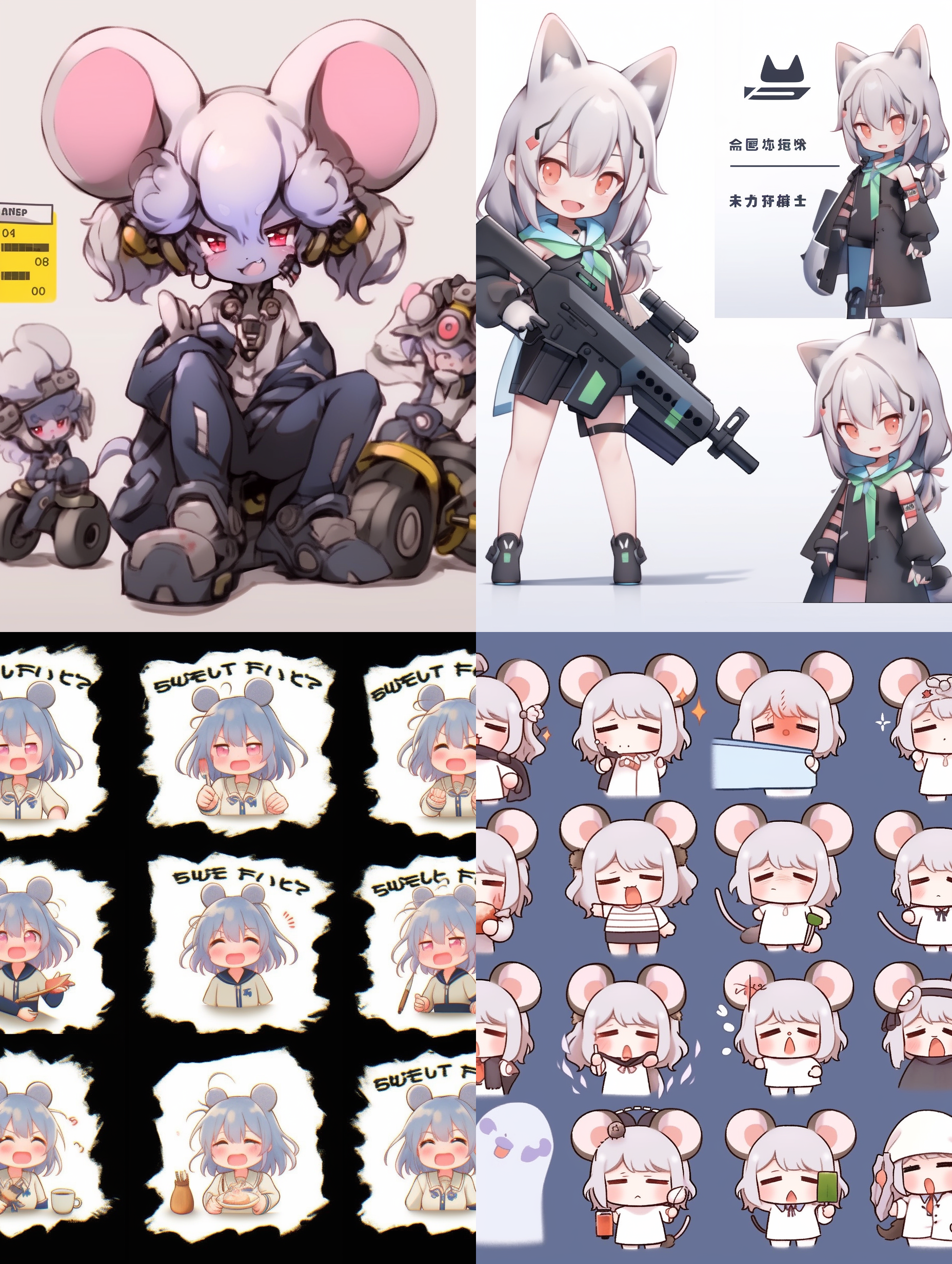 a girl with a sense of technology, close shot face, close shot expression, full body mouse expression and action, exaggerated action, happy, angry, sad, surprised and other emotions,white background, sticker art design of q version design, super definition,8k nine grid layout ，anime style，lovely