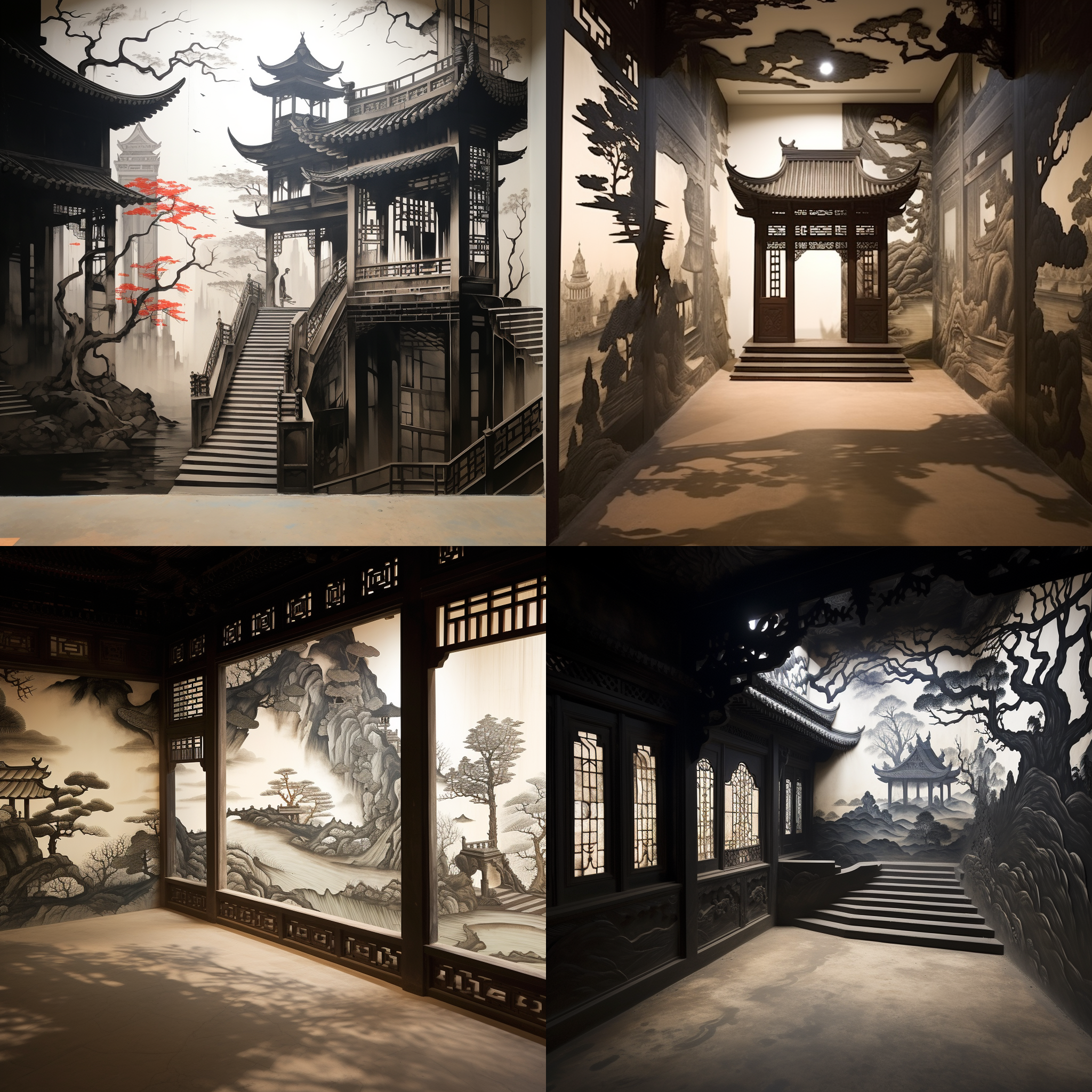 中国建筑，影壁，影壁上雕刻水墨画
