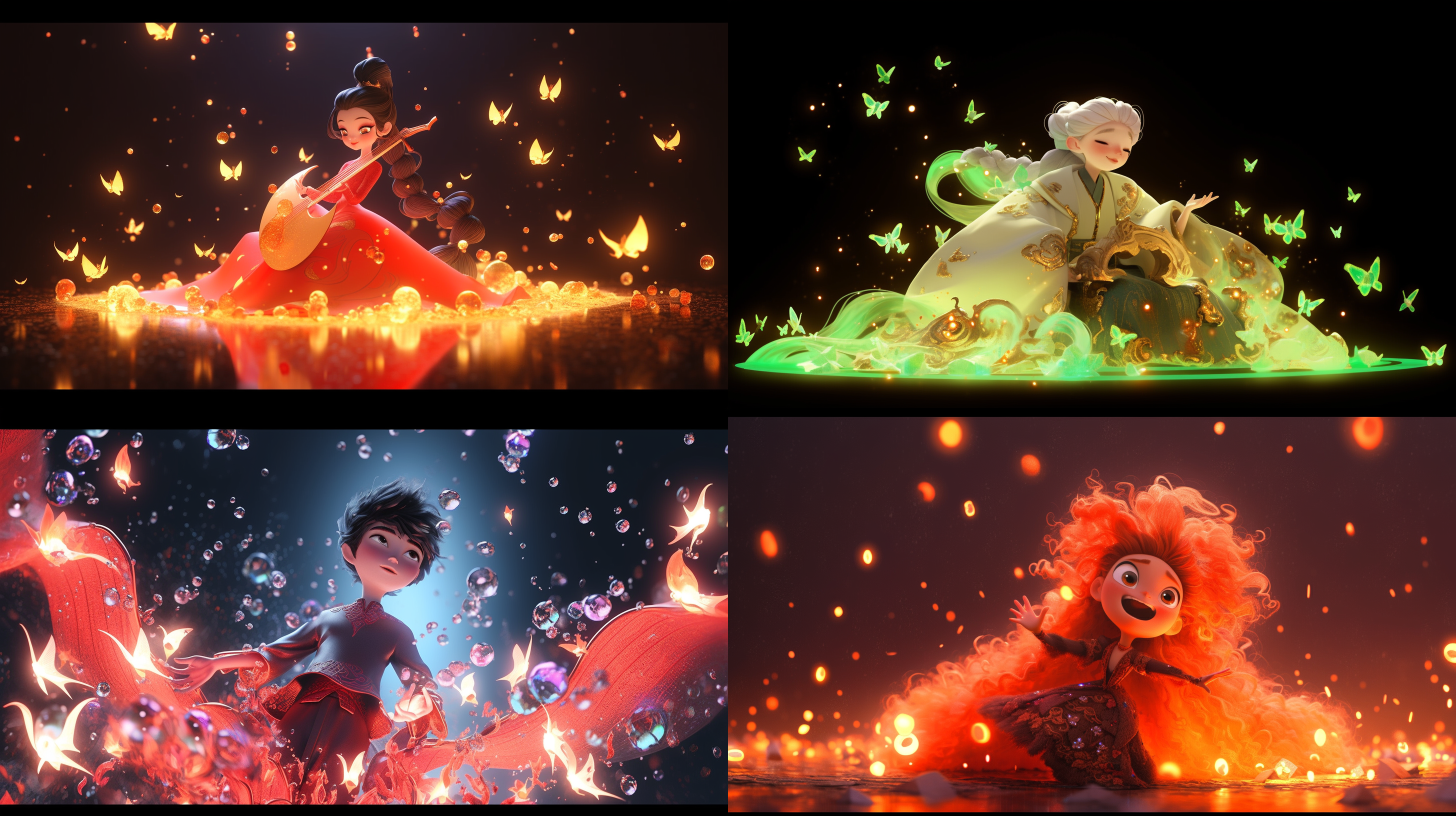 来自迪士尼皮克斯的3d人物，潮剧，ip，盲盒，全身，中式，可爱男孩，汉服，微笑，大眼睛，红色长发，玻璃材料，碱，光学，周围的精灵，怪物，纯黑色背景，粒子，粒子，金光，荧光，绿色，艺术站趋势，辛烷值渲染，8k, hd, 3d, c4d, blender