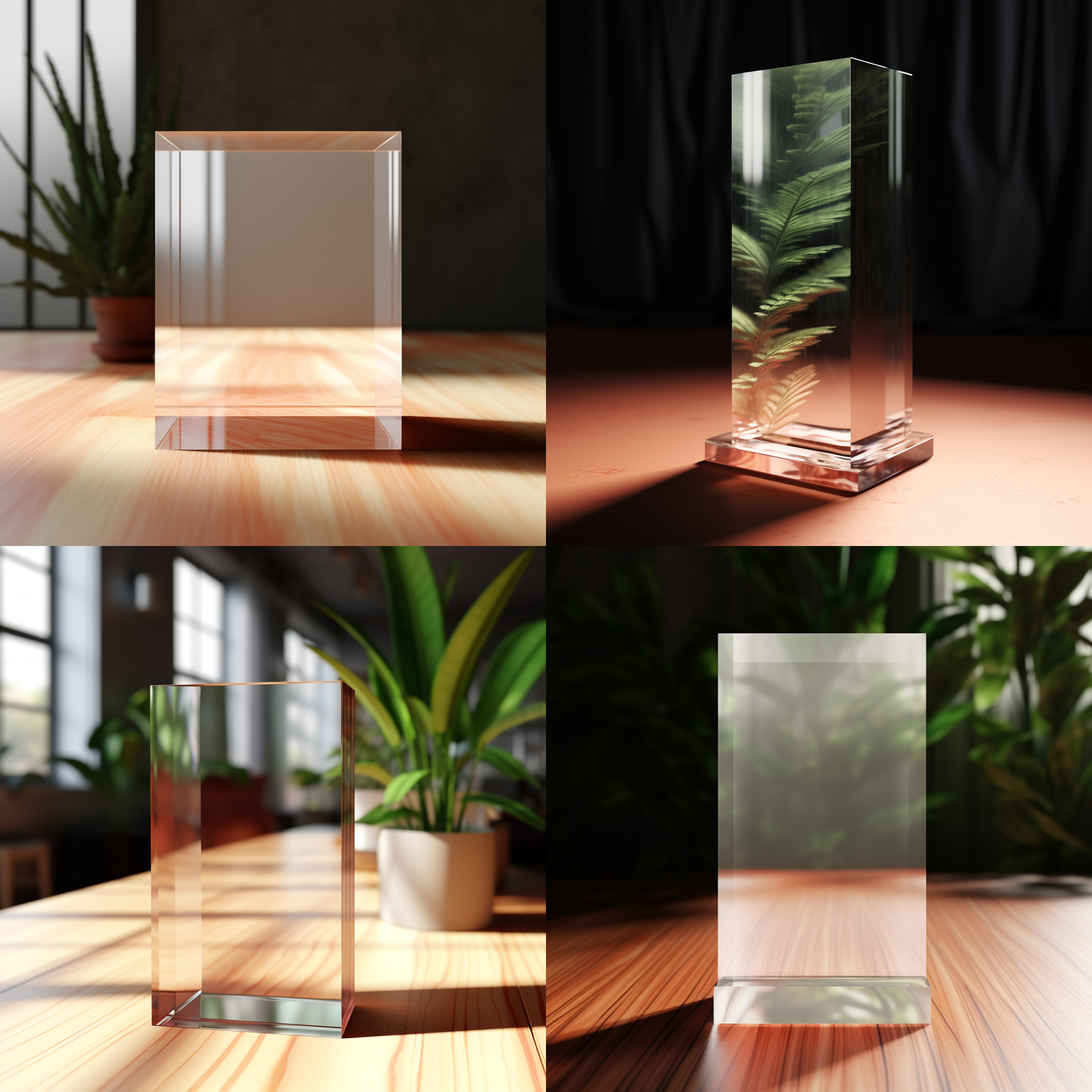 一块亚克力砖，空白的，手掌大小，垂直摆放在桌面，正面，3d渲染，产品图片