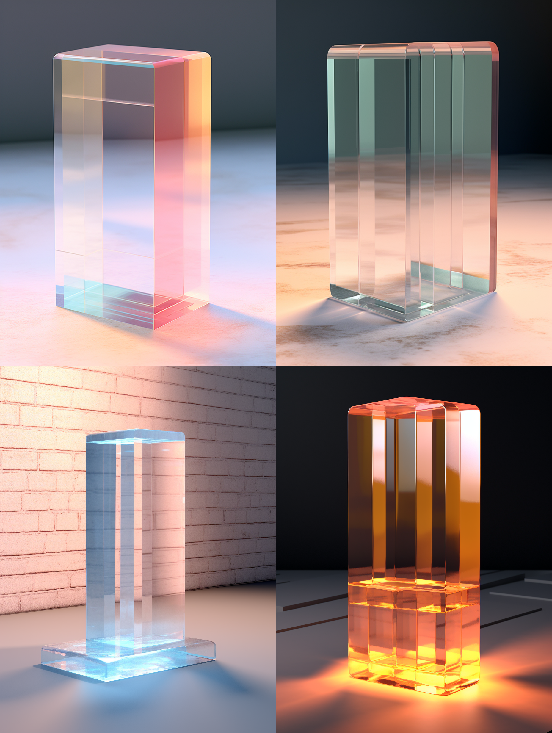 一块亚克力砖，垂直摆放在座面，3d渲染，产品图片