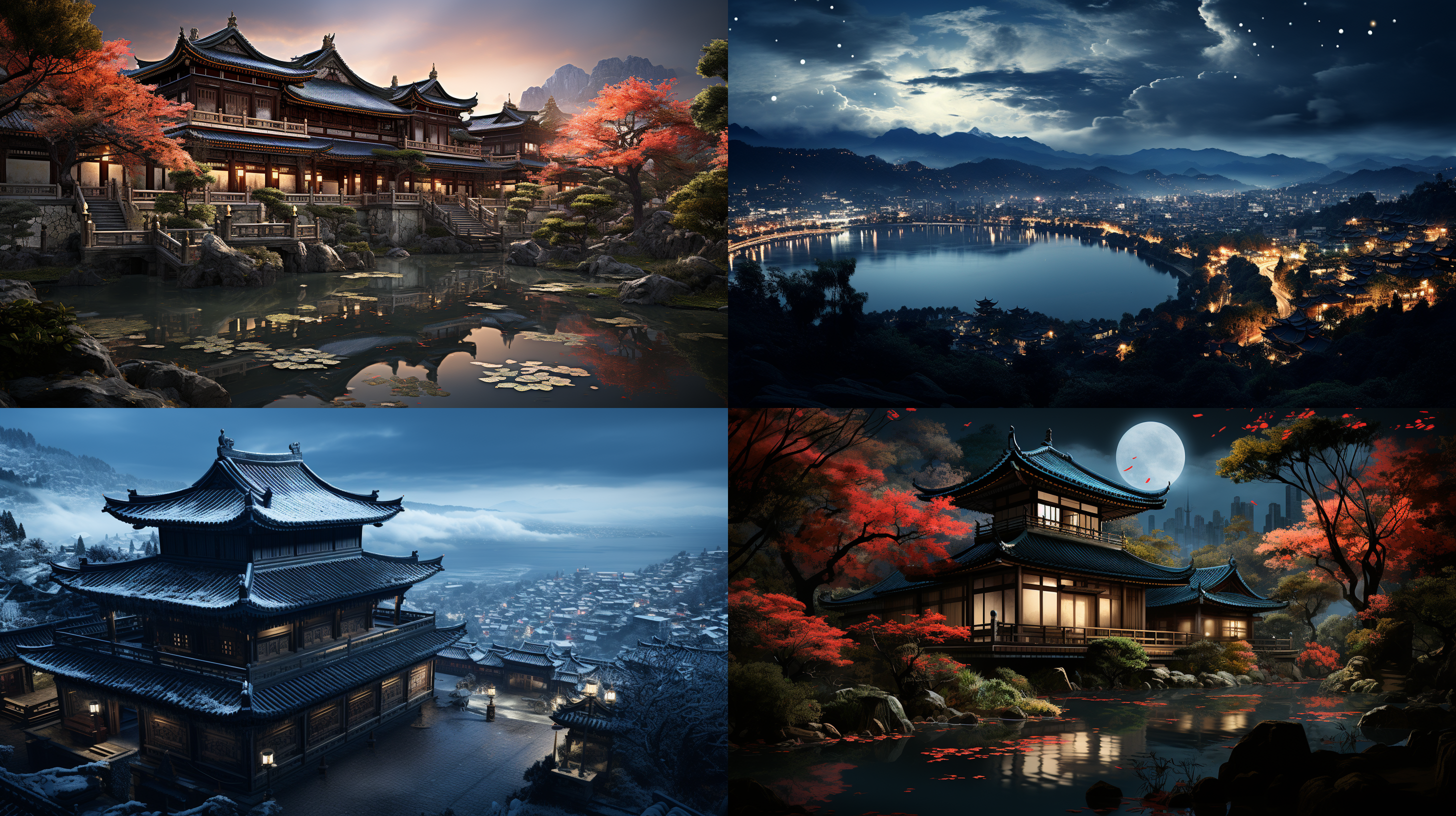 一座位于天上的中国古代宫殿，富丽堂皇。夜幕降临，周围的星星闪烁着明亮的光芒。“今晚是什么时代？”这个问题描绘了时代的不确定性。