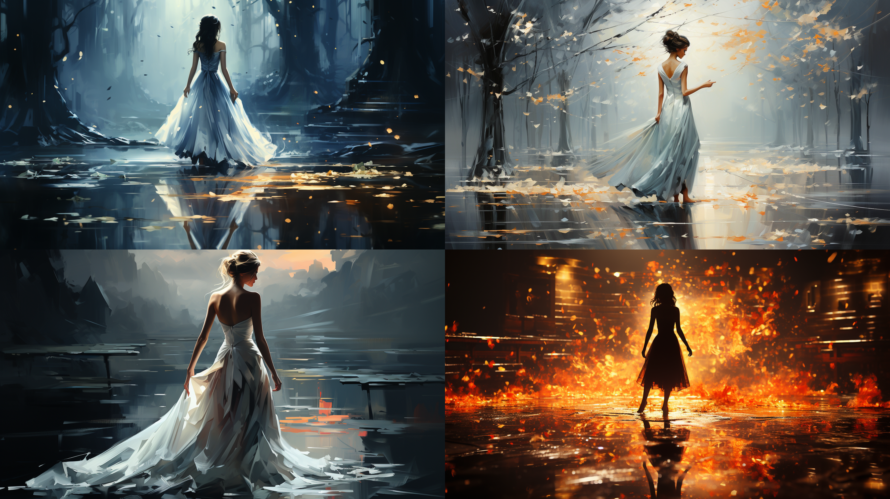 欣赏那曼妙的舞姿，在明亮的月光下倒影，仿佛从凡间走出来。此场景描绘了一位空灵的舞者，在柔和的月光下优雅地舞动。他们的倒影在脚下的地面上闪闪发光，为场景增添了超凡脱俗的魅力。