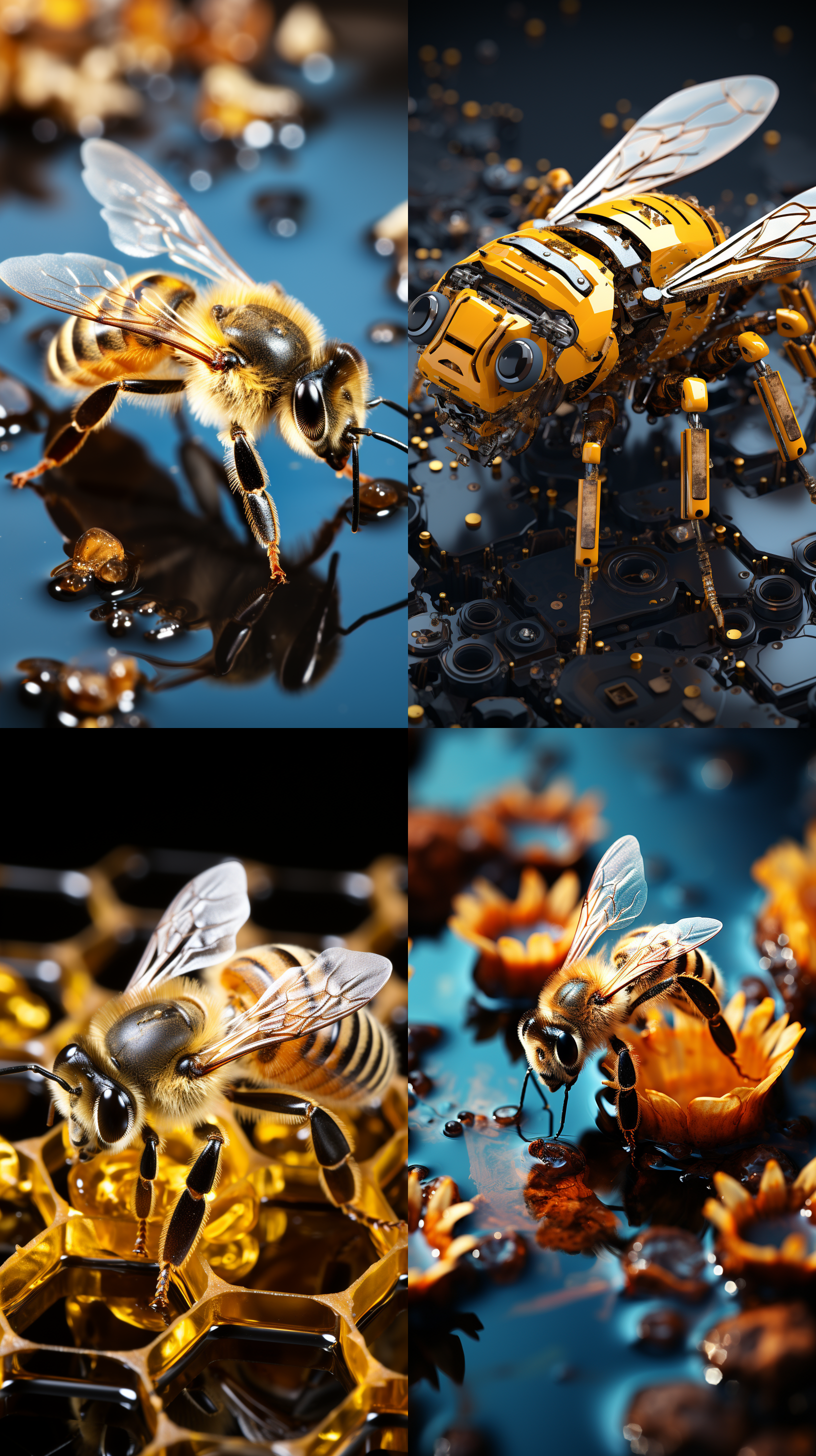 工程蜜蜂，飞行，卡通形状，点赞对角线构图，明亮色彩，浅景深，微距镜头，柔和侧光，细腻纹理，快速快门，忙碌动作，生机勃勃。