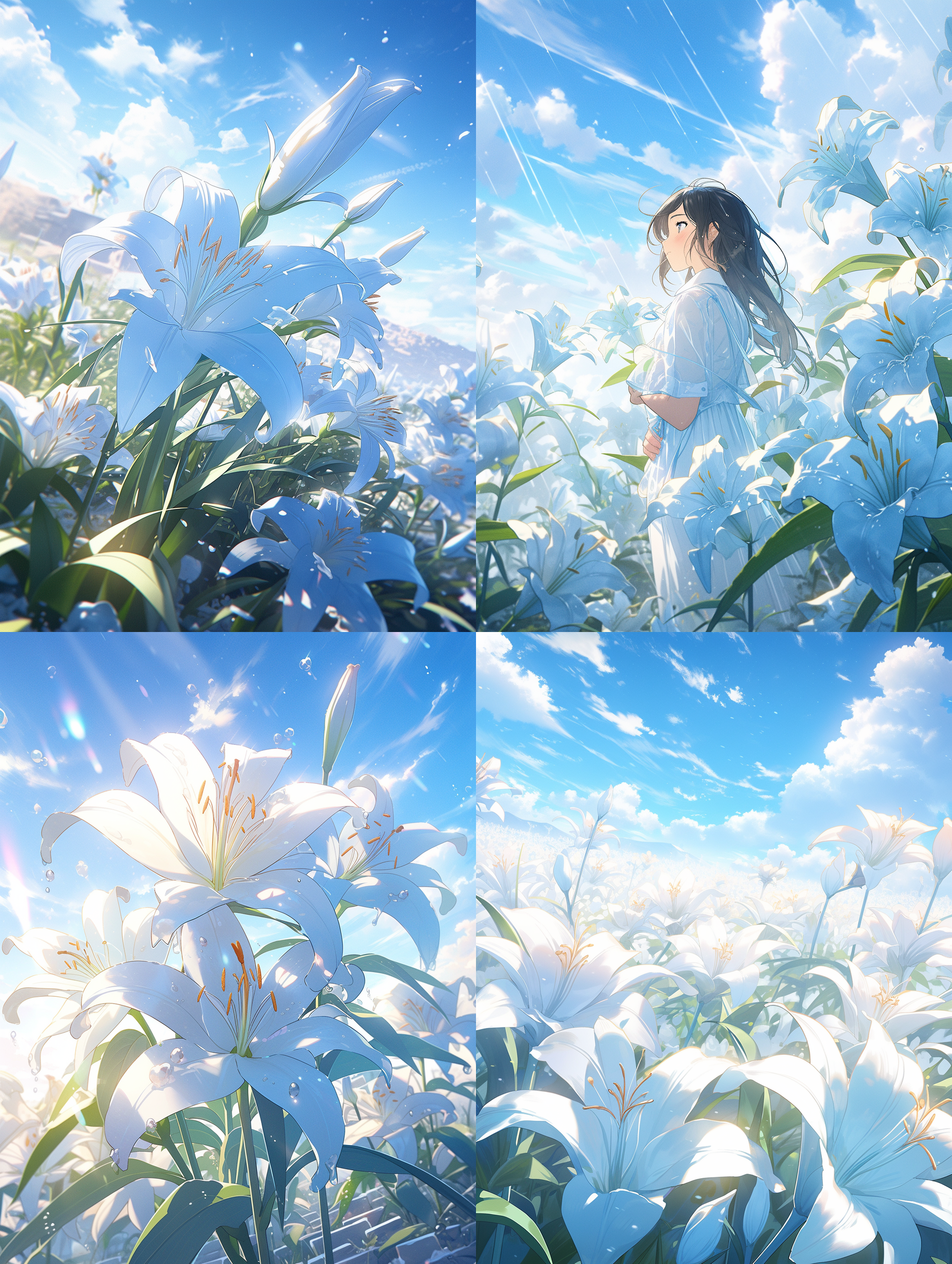 冰晶质感百合花，雨季，蓝天白云，远距离视角，动漫美学风格封面，光线的现实主义描绘，精致的幻想世界，数字绘画，莫兰迪色，互补色配色 超级高分辨率 大文件 风景 非常详细的cg