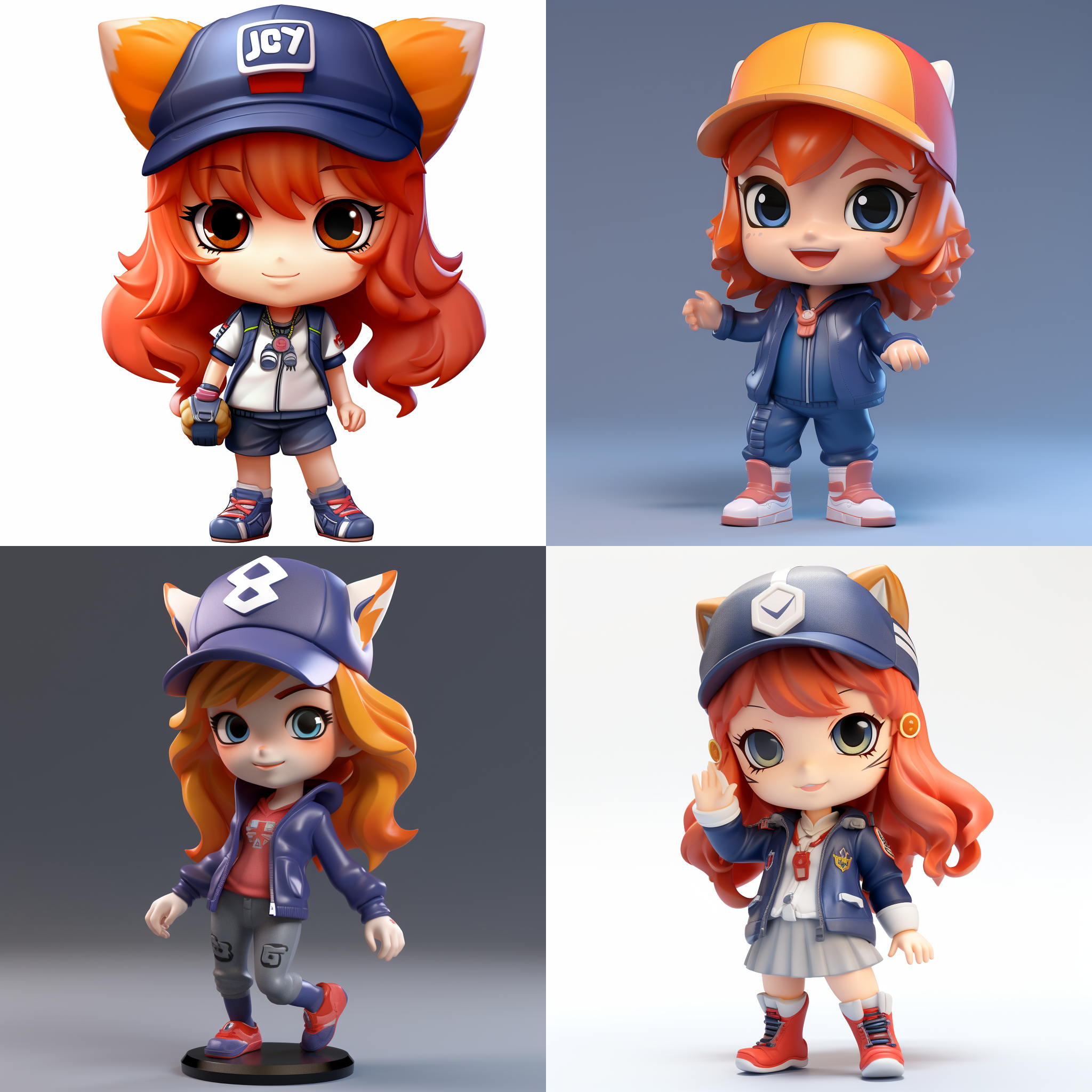 full body,(front view:1.5),3d rendering,chibi,(solo:1.5) fox girl, orange short curly hair, orange fox ears, red peaked cap , english letters xbv written on the cap, cheerful smile, big eyes, (blue jacket:1.5), jeans, sneakers, modern clothes, simple background,dark blue background,<lora:blindbox_v1_mix:0.6>