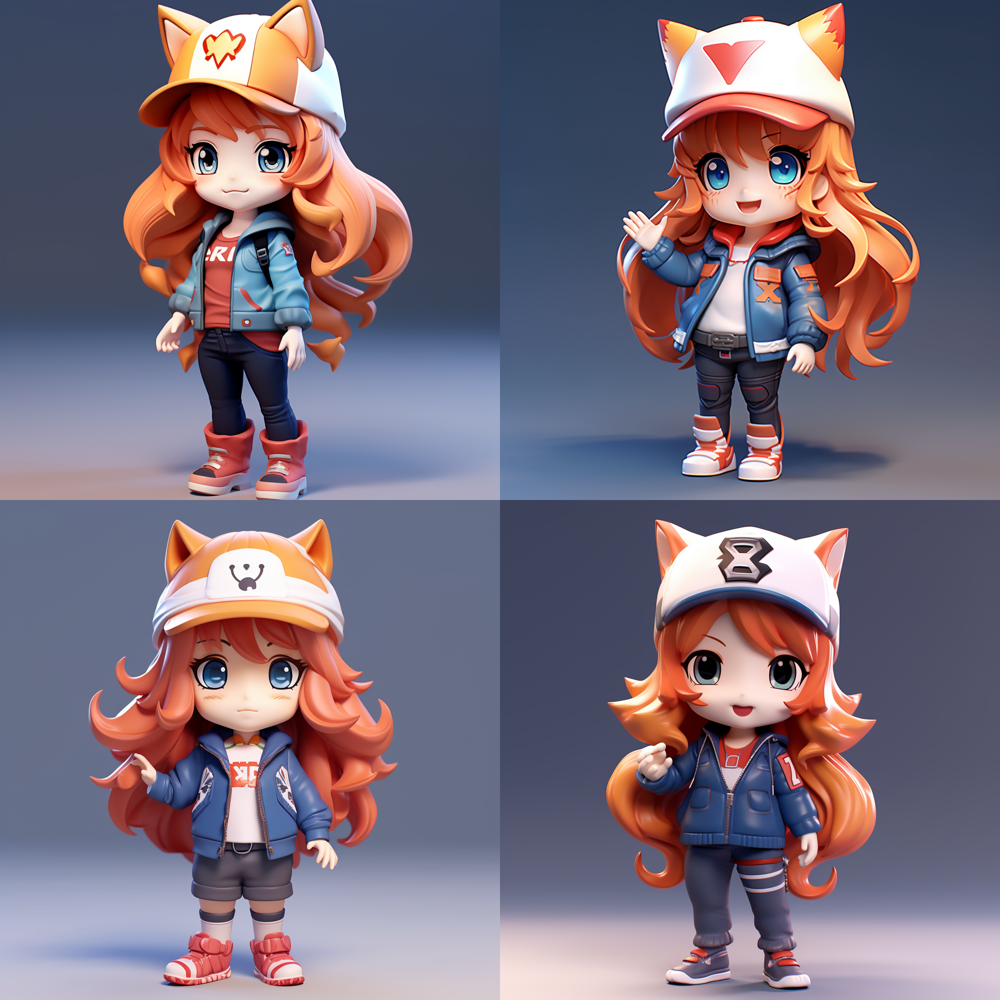 full body,(front view:1.5),3d rendering,chibi,(solo:1.5) fox girl, orange long curly hair, orange fox ears, fox tail behind her, red peaked cap , english letters xbv written on the cap, cheerful smile, big eyes, (blue jacket:1.5), jeans, sneakers, modern clothes, simple background,dark blue background,<lora:blindbox_v1_mix:0.6> 
