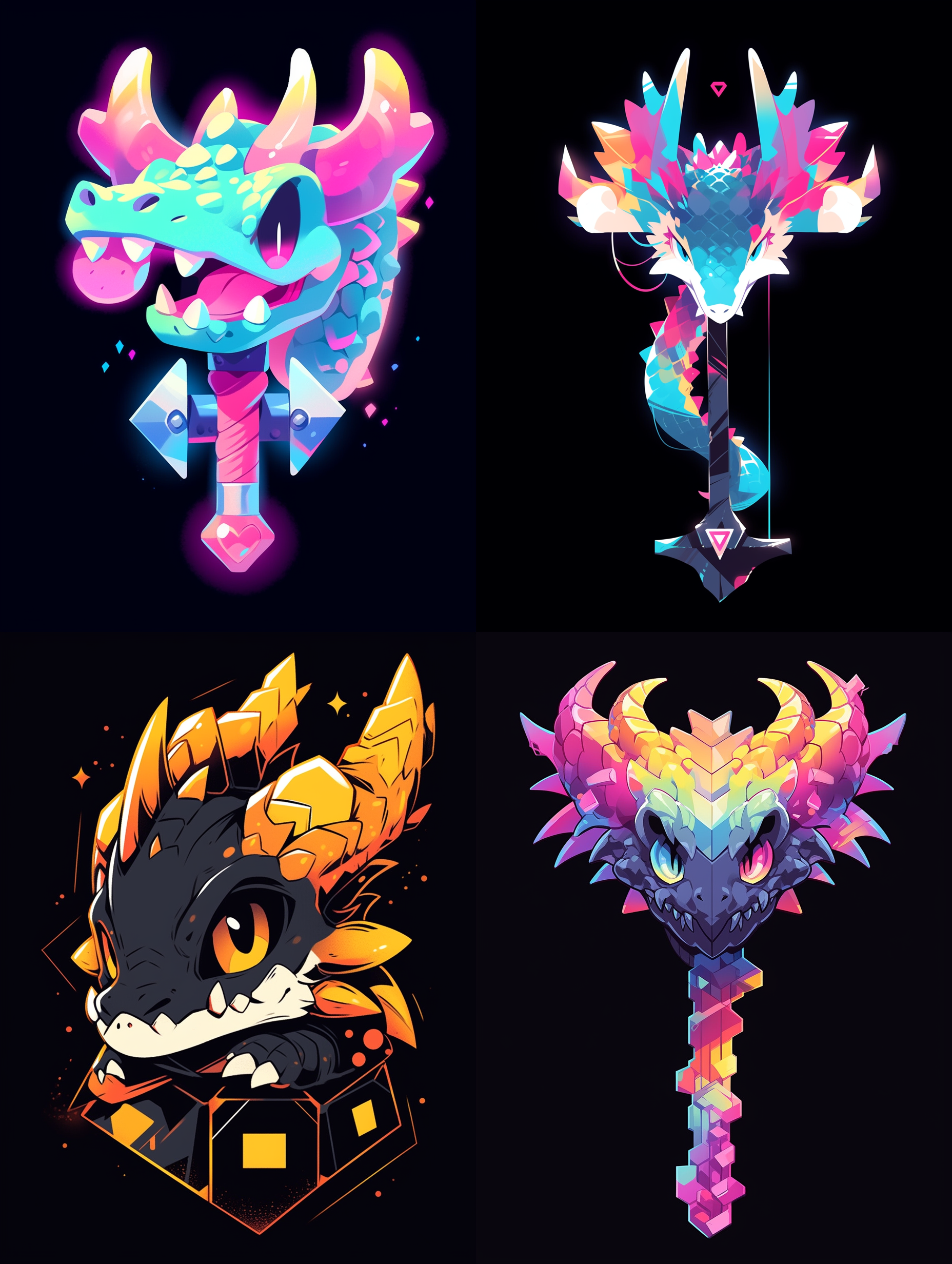 黑色背景上有一个可爱的龙头造型的锤子，龙头方正卡通风格，45度角度