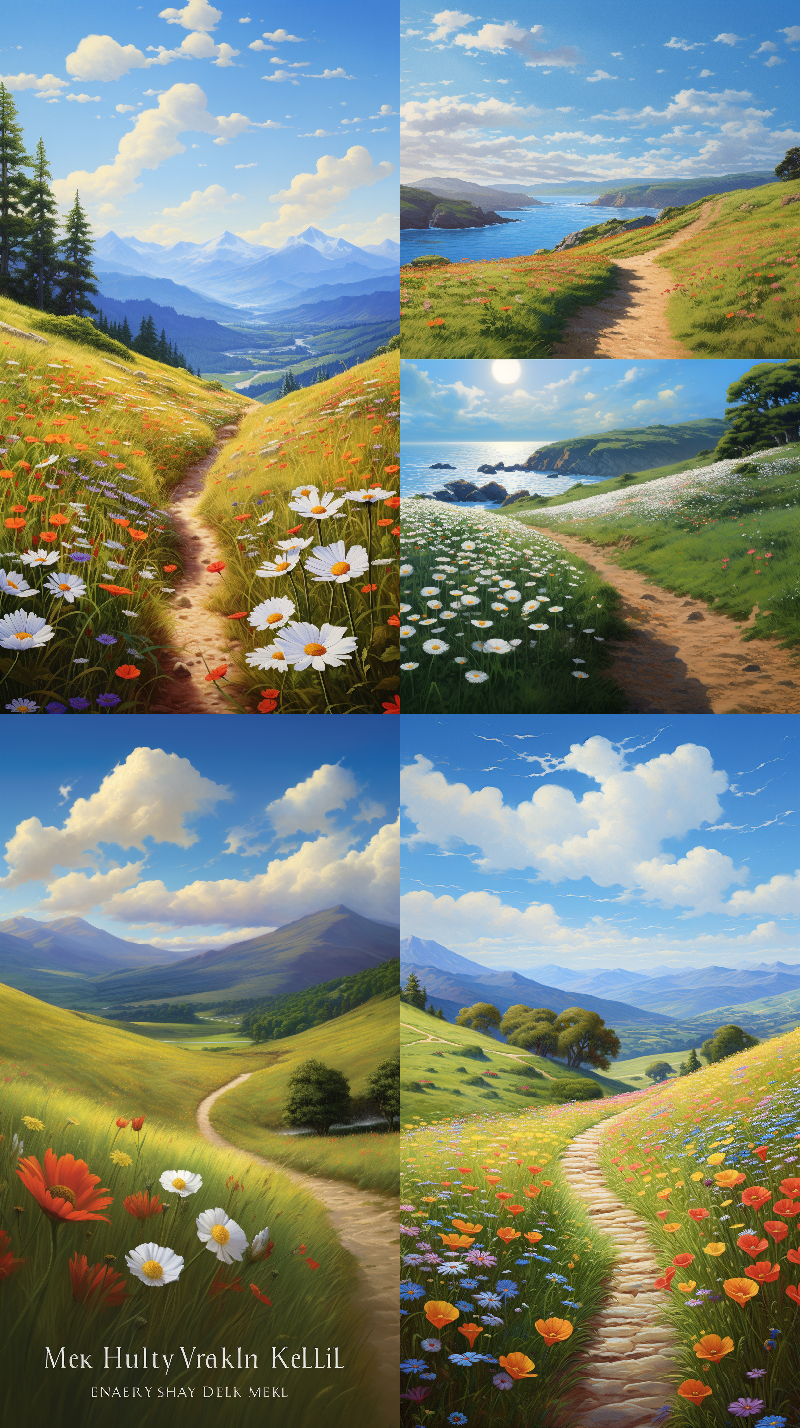 3 d virtual landscape painting, daisies and poppies, still frame from a movie, pathway, flowing hills, by mark keathley, connectedness, still from a music video, long grass, heaven planet in background, soft focus, greenery