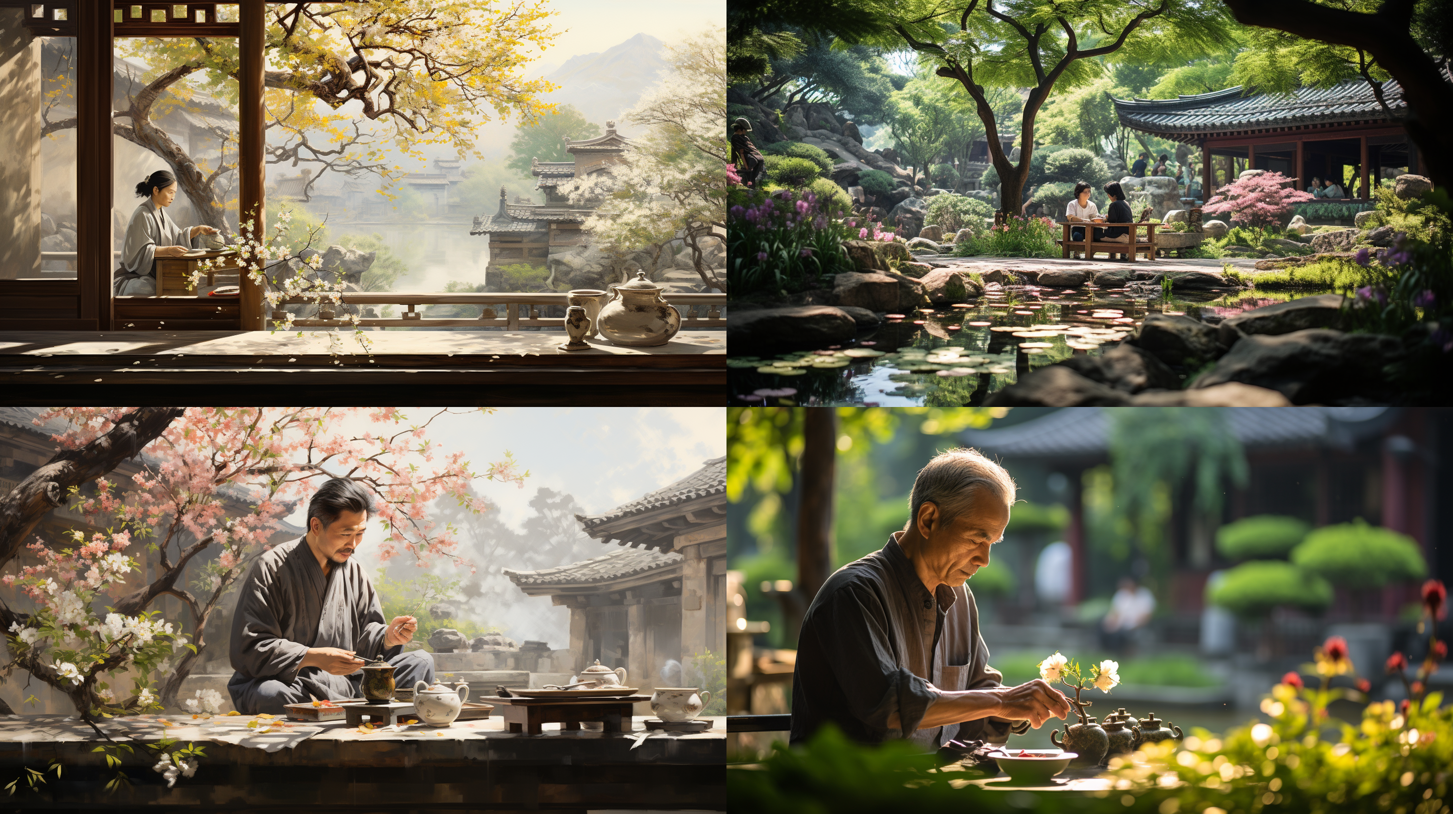 中国唐代洛阳城里私家庭院里，唐代中年男子白居易，坐在花园凉亭下，看水池赏花喝茶，上半身特写，现实感，阳光，午后，古典园林背景，超逼真，复杂的细节，假山石头，花草，