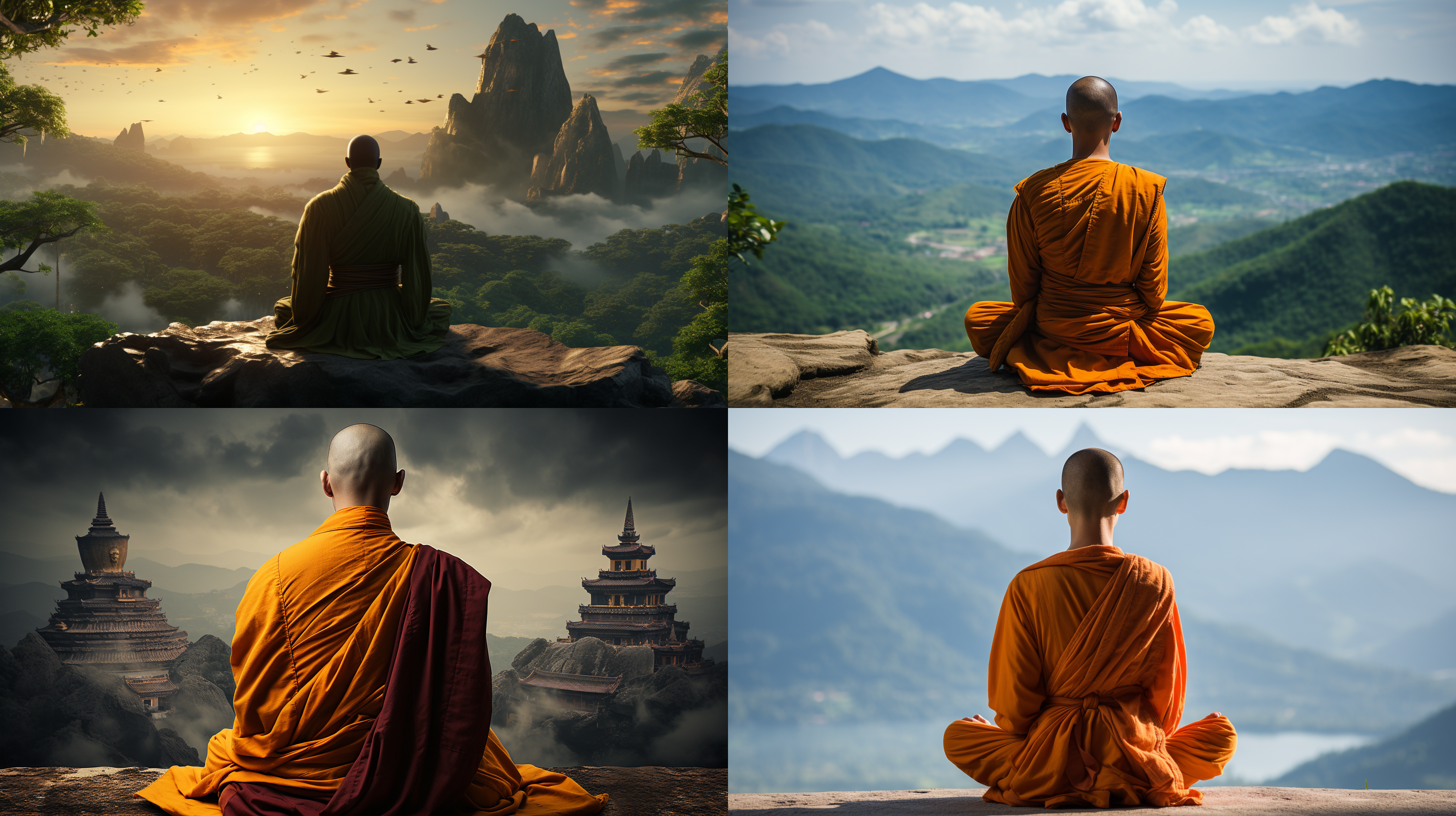 一个人坐在草原上冥想。照片构图简洁，以人物为中心，被广袤的草原环绕。背景是壮丽的山脉和天空。摄影风格自然真实，使用广角镜头捕捉到细节丰富的景色。光线柔和而温暖，镜头运用景深技巧，将远处的风景与近处的人物相得益彰。色调以大地色系为主，传达出宁静、平和和内省的情感。
