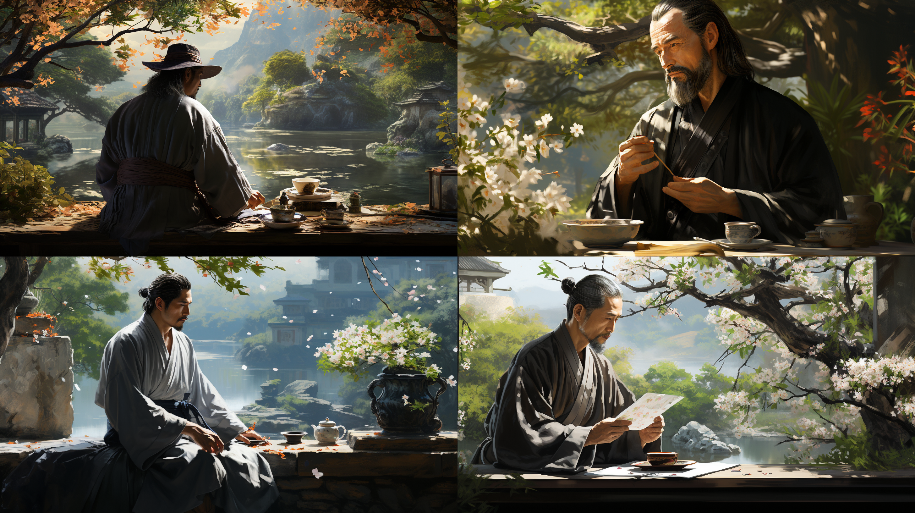 中国古代汉服中年男子坐在花园凉亭下，带帽子，看水池赏花喝茶，上半身特写，现实感，阳光，午后，古典园林背景，超逼真，复杂的细节，假山石头，花草，