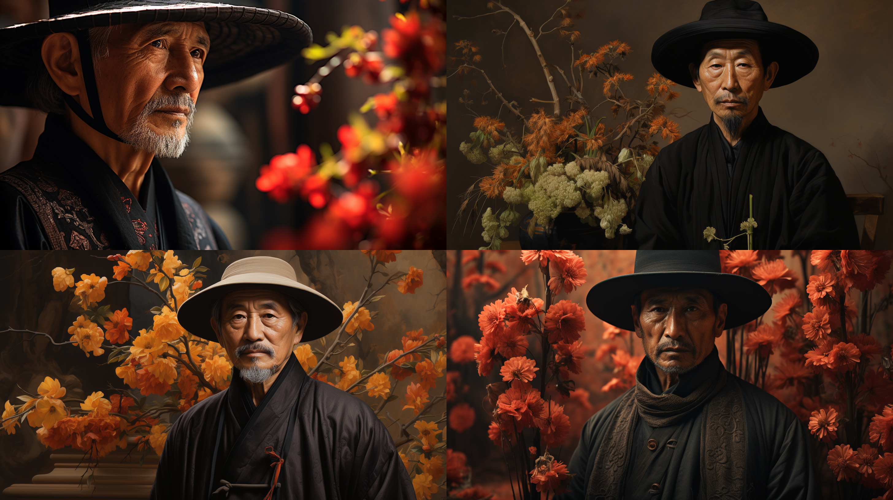 一个中国古代唐朝中年男子站在庭院里赏花，面部特写，北方汉族，戴唐代黑色帽子