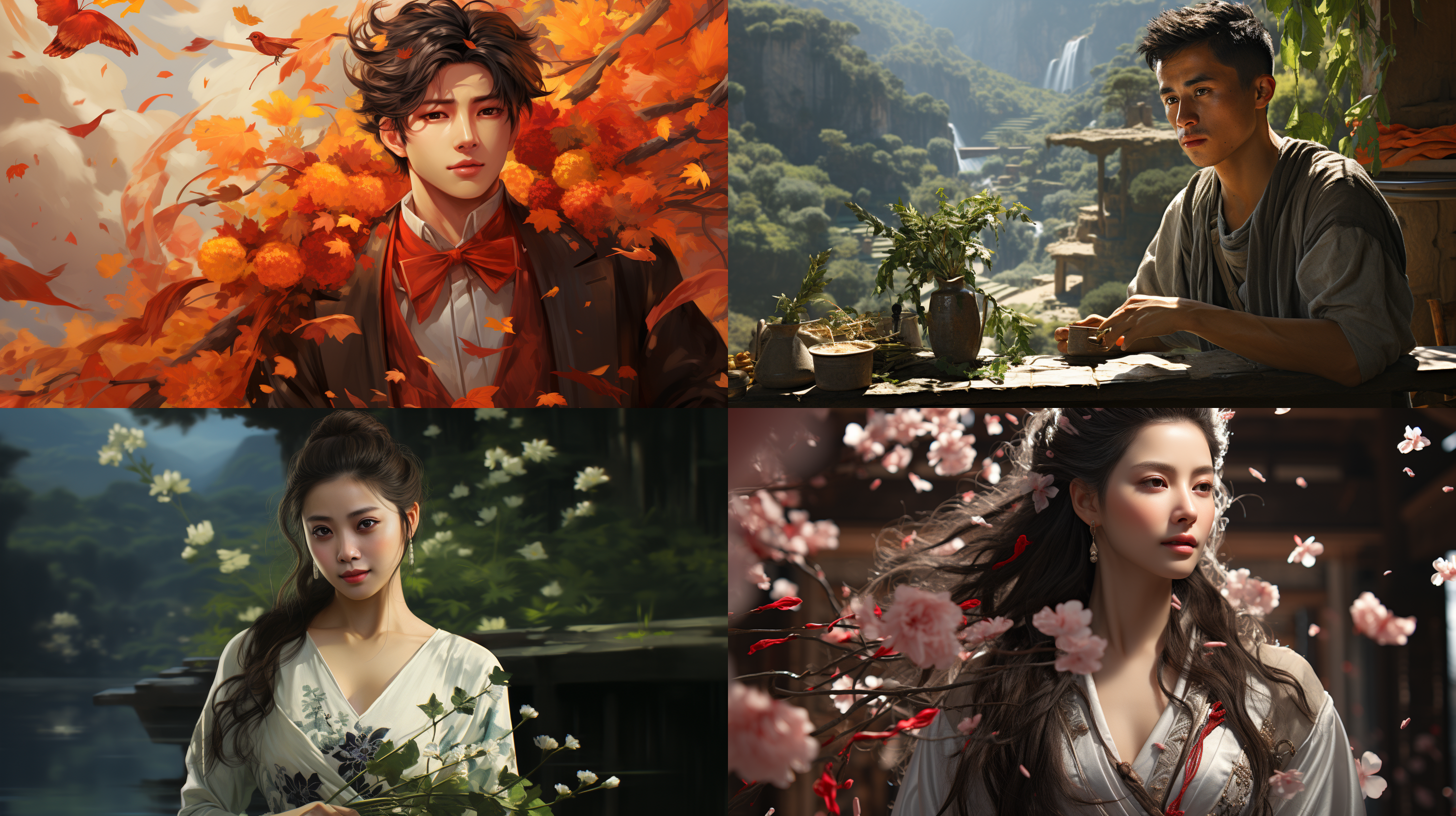 中国古代男性，北方汉族，传统汉服穿扮，古典园林背景，超逼真，复杂的细节，假山石头，花草