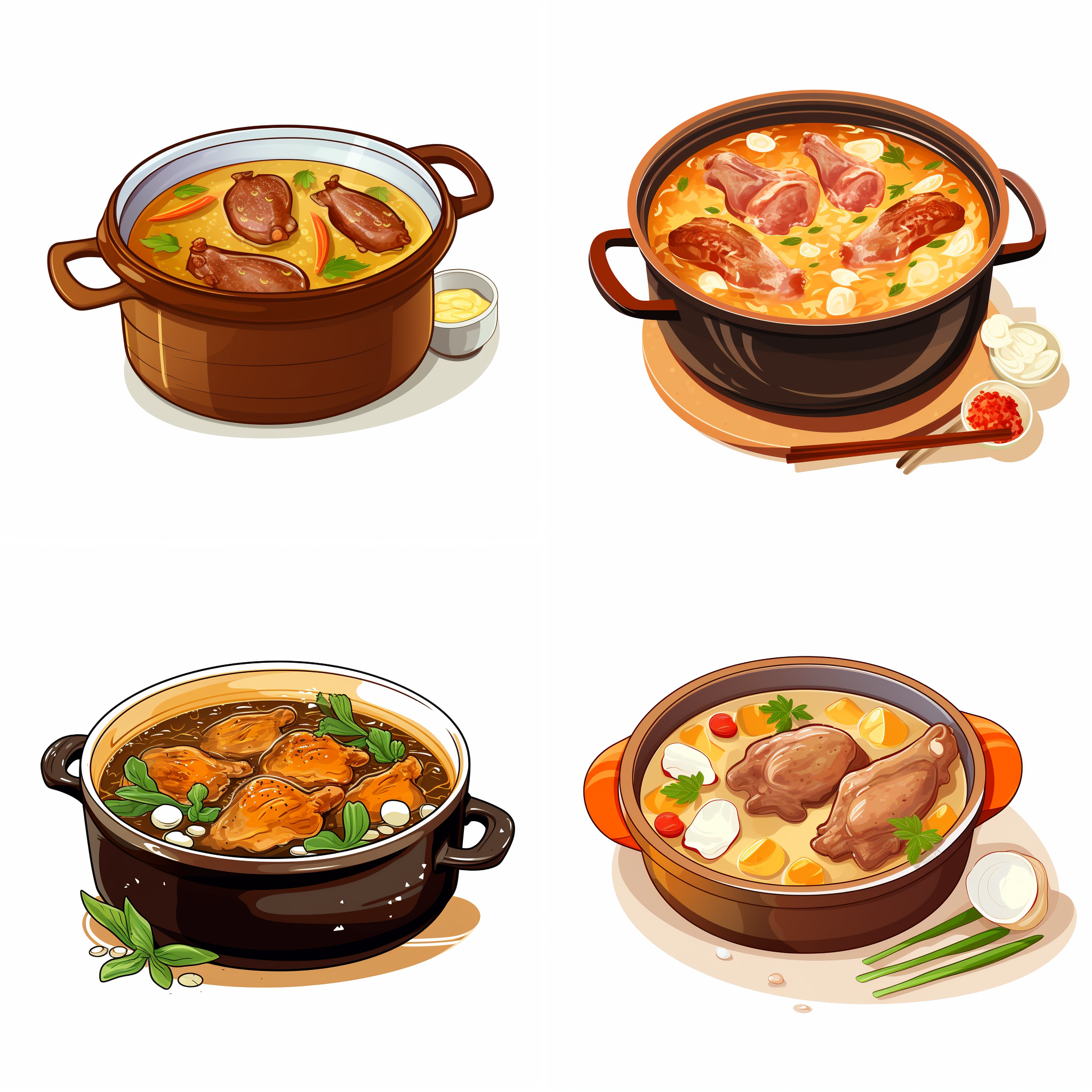 一碗鸭肉汤锅，锅中是一块一块的鸭肉，突出了锅中的鸭肉和浓郁的汤汁。这张照片以食物为主题。这张照片是卡通的，带有矢量的元素。简单的配色，白色的背景。