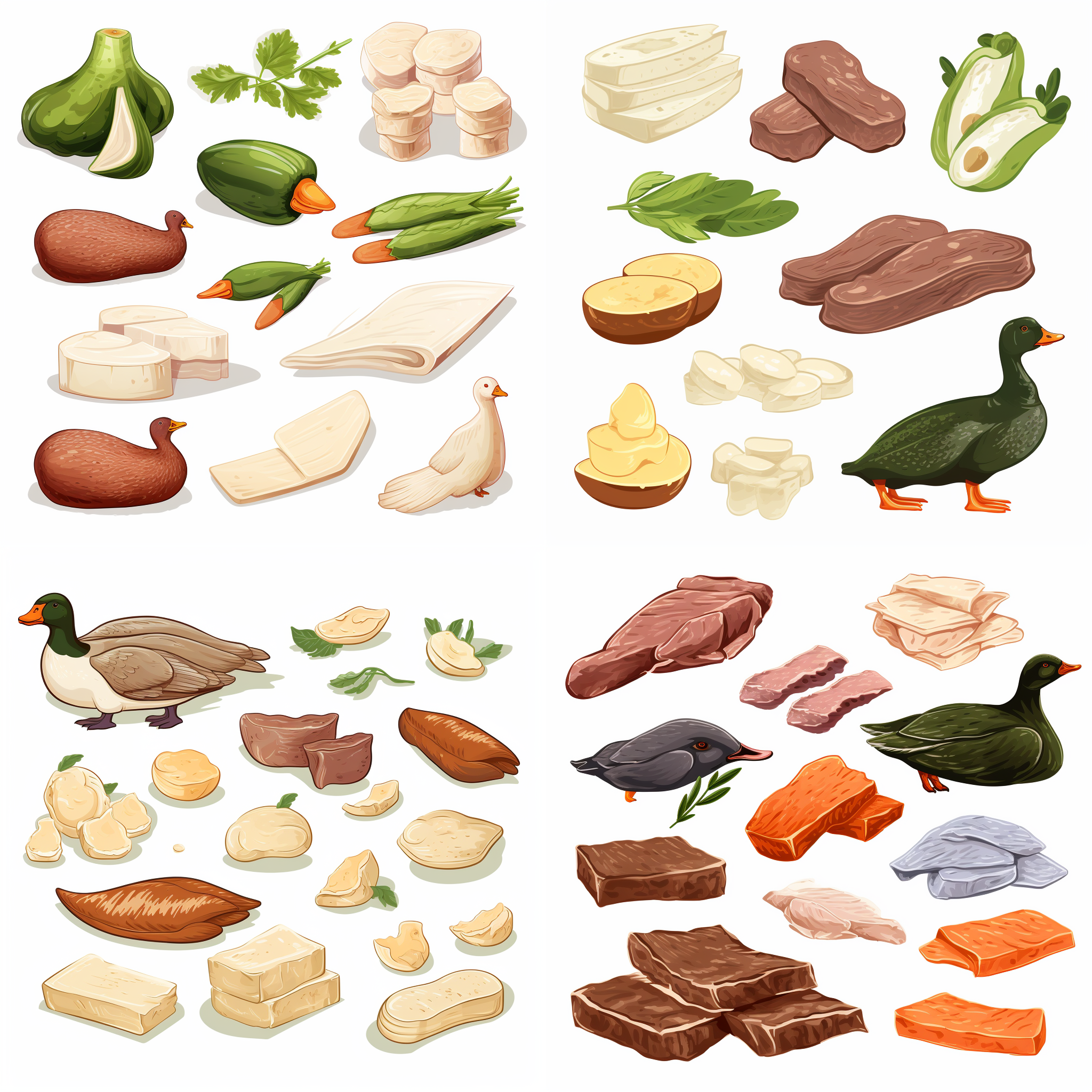 鸭肉，鸭块，鸭片，卡通插图风格，矢量元素，简单的配色方案，白色背景，等构