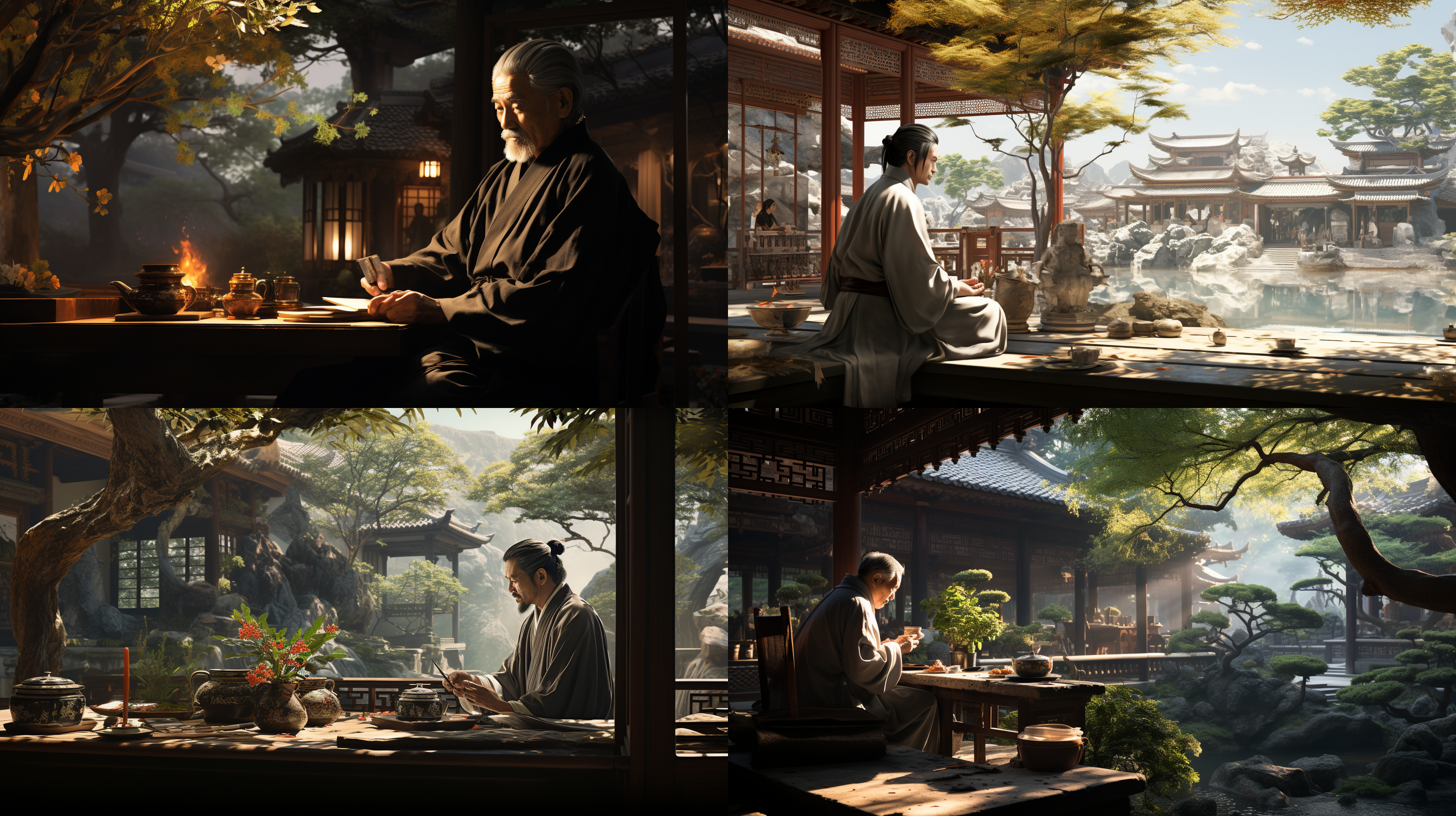 生成一张唐代中年男子坐在中式庭院凉亭下，看水池赏花喝茶