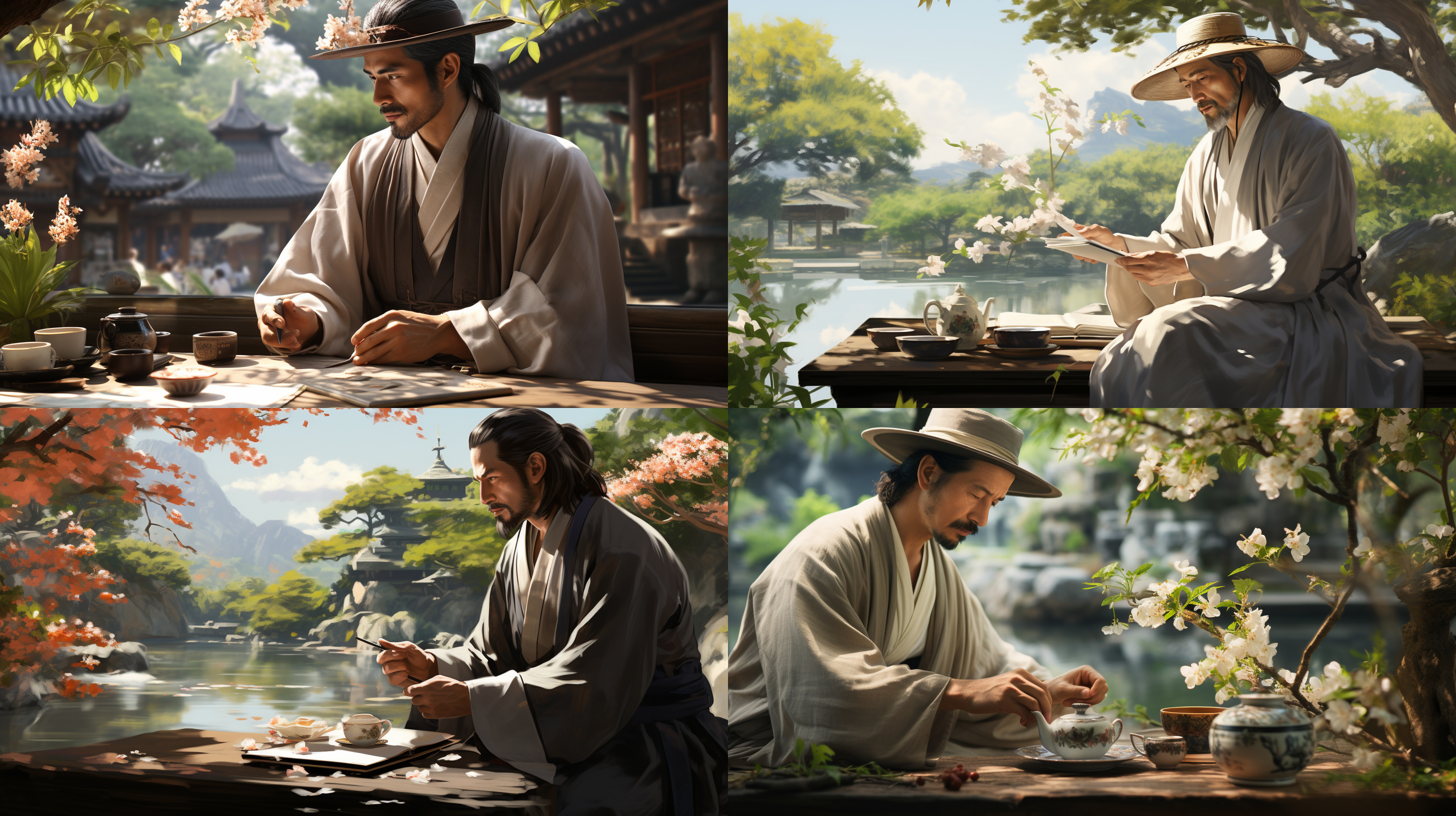 中国古代汉服中年男子坐在花园凉亭下，带帽子，看水池赏花喝茶，上半身特写，现实感，阳光，午后，古典园林背景，超逼真，复杂的细节，假山石头，花草，不要日式风格和日本男子装扮