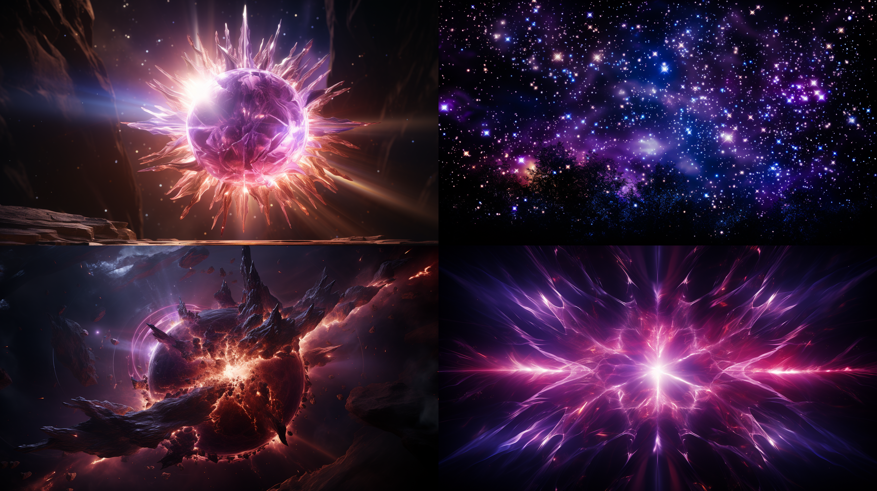 一张令人惊叹的宇宙能量特写照。照片以黑色背景为底，展现出夜空中闪烁的星辰和银河系。主题物体是一颗巨大的行星，其表面散发着强烈的蓝色和紫色能量光芒，形成美丽的光环。透过广角镜头拍摄，突显了行星的巨大和能量的强大。光线效果鲜明，给人一种神秘而震撼的感觉。星光、能量、广角镜头、紫色、蓝色、光环、宇宙、神秘、震撼