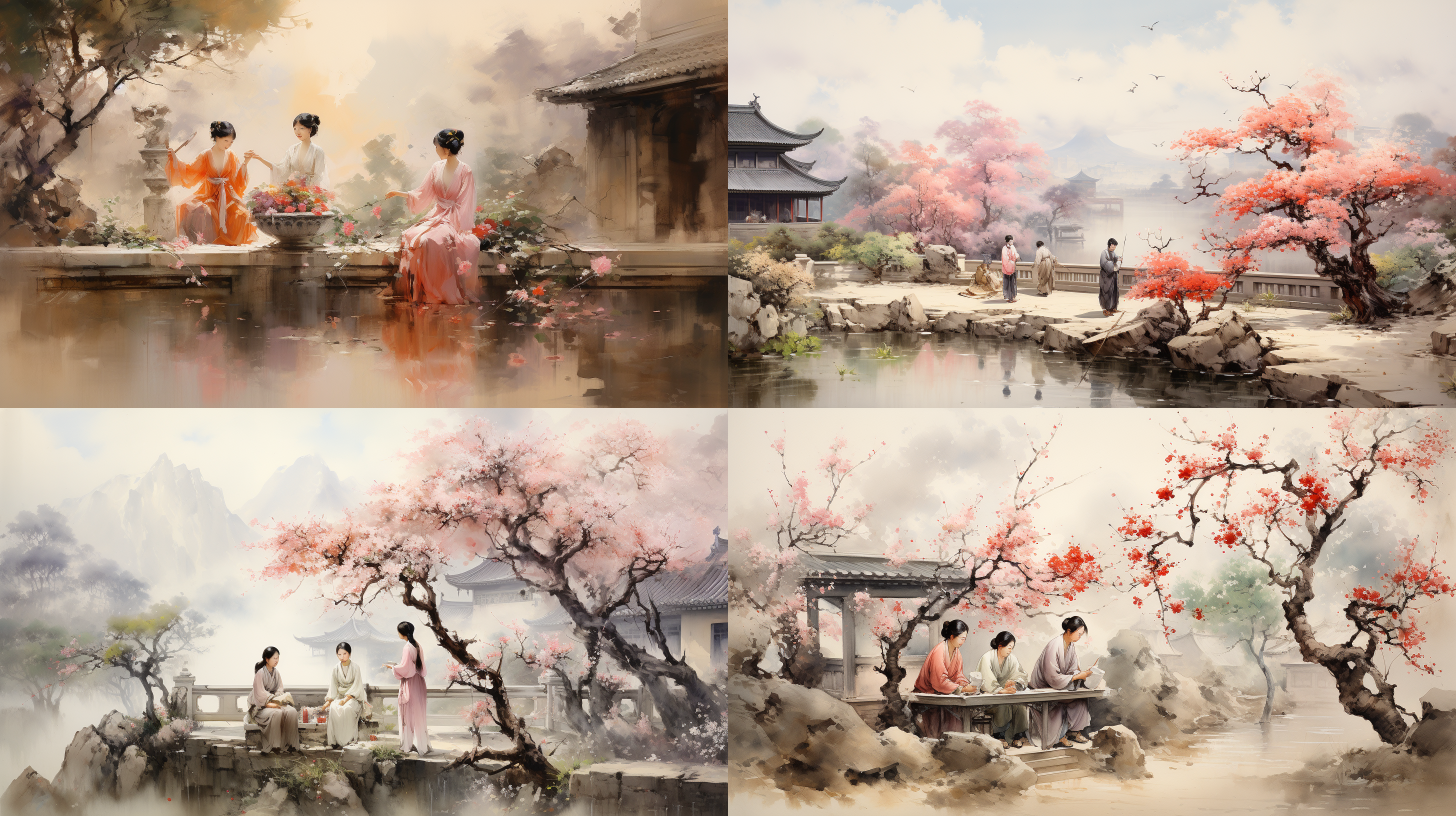 中国唐代诗人站在庭院里赏花