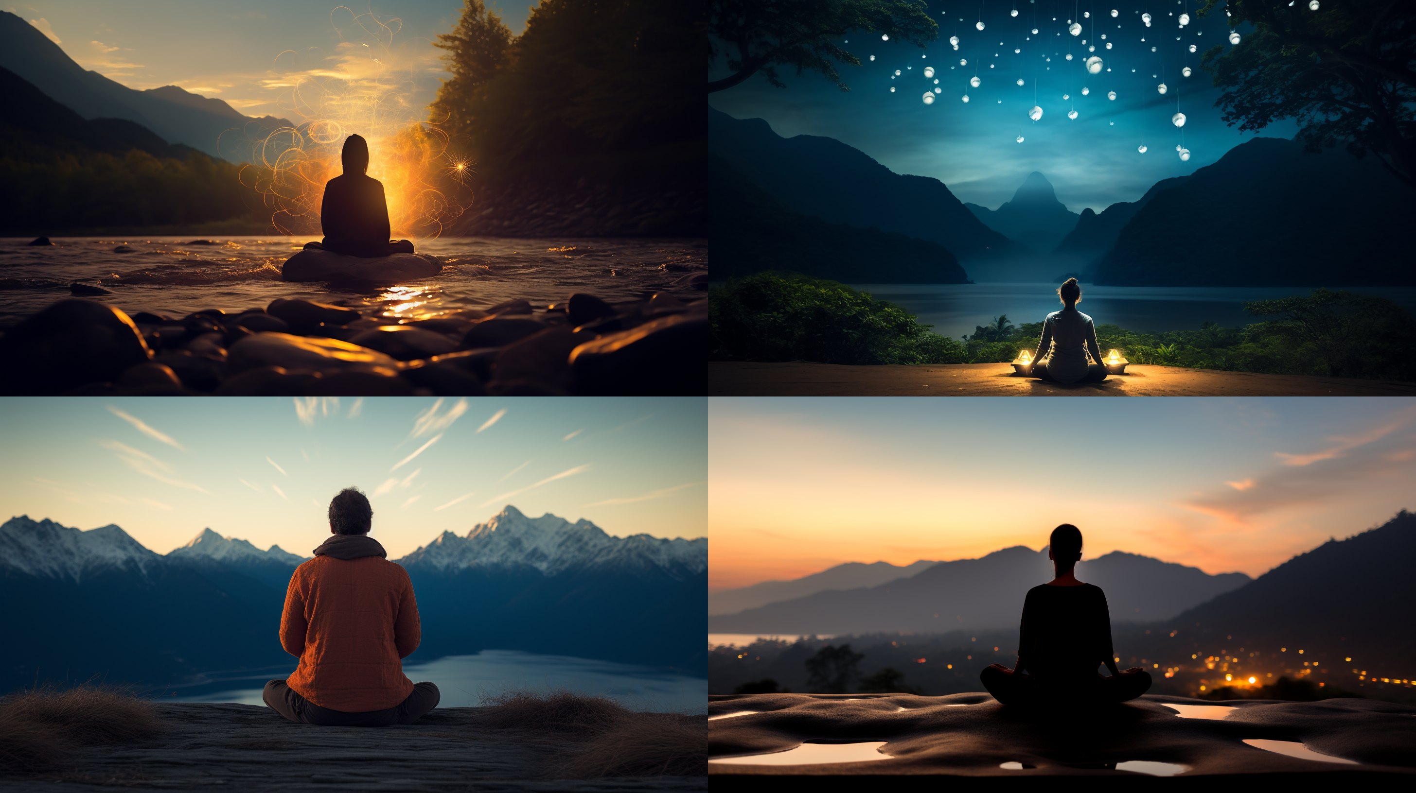 在这张特色照片中，我们看到一个人坐在一片宁静的自然环境中，闭着眼睛冥想。他的身体轻轻倾斜，手掌向上，仿佛在接纳来自宇宙的能量。照片采用了广角镜头，展现了壮丽的山脉和星空。光线柔和而温暖，营造出宁静祥和的氛围。照片以黑白风格呈现，强调了内心的宁静与平静。冥想、宇宙、能量、广角镜头、山脉、星空、黑白风格、内心平静。