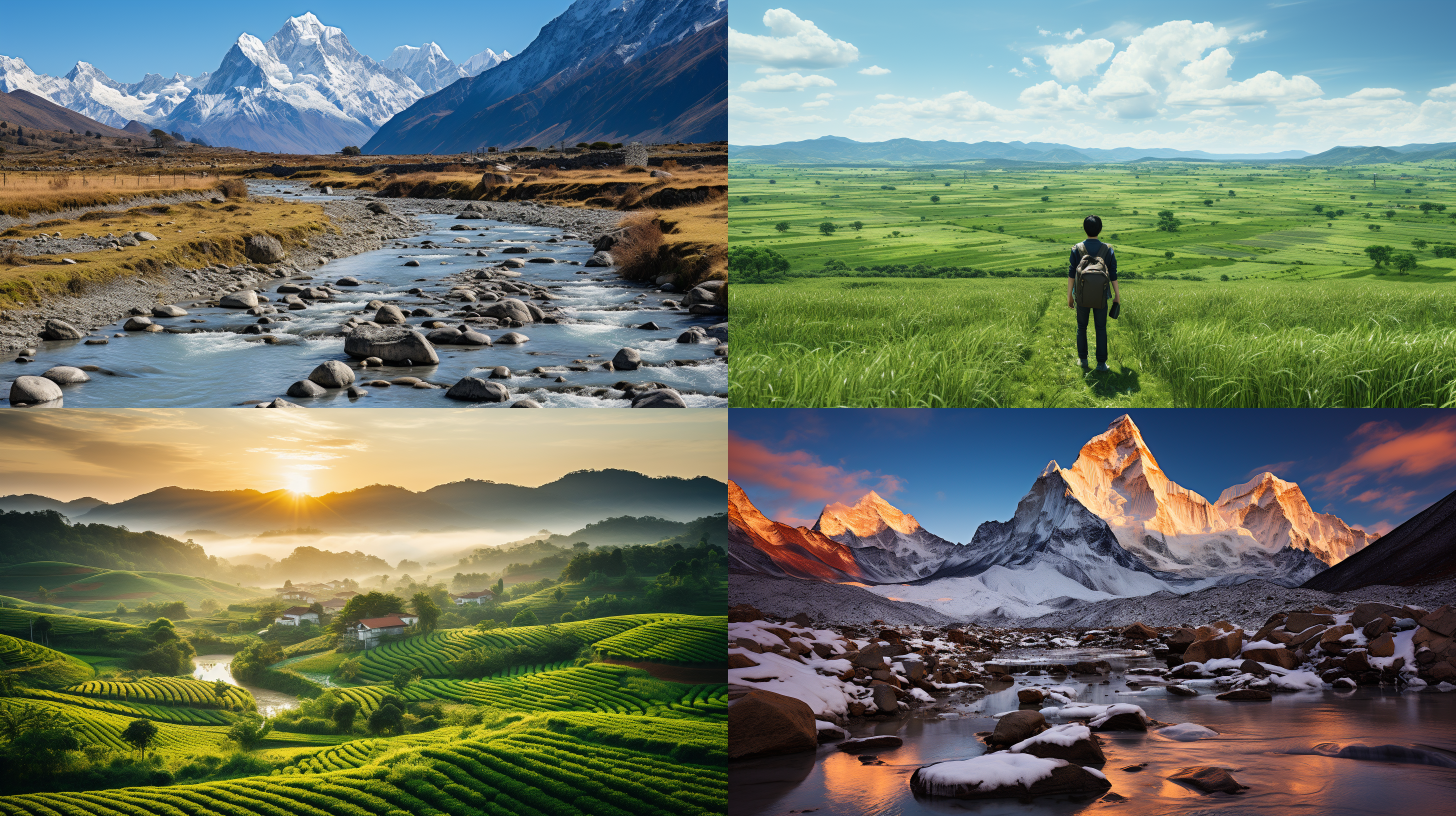 一张壮丽的照片展现了天地一线的广阔景象，让人仿佛看到了天与地无边界的奇妙景色。图像采用广角镜头捕捉到远处的壮丽山脉和无垠的大地，配以温暖的自然光线，营造出宏伟和平静的氛围。构图中有对比鲜明的元素、流线型的形状和丰富的自然色彩，传递出宽广无垠、令人心旷神怡的情感。摄影技术：15mm广角镜头、自然光线、丰富的元素、流线型形状、自然色彩、宏伟、平静、开阔、意境、能量、单色海报