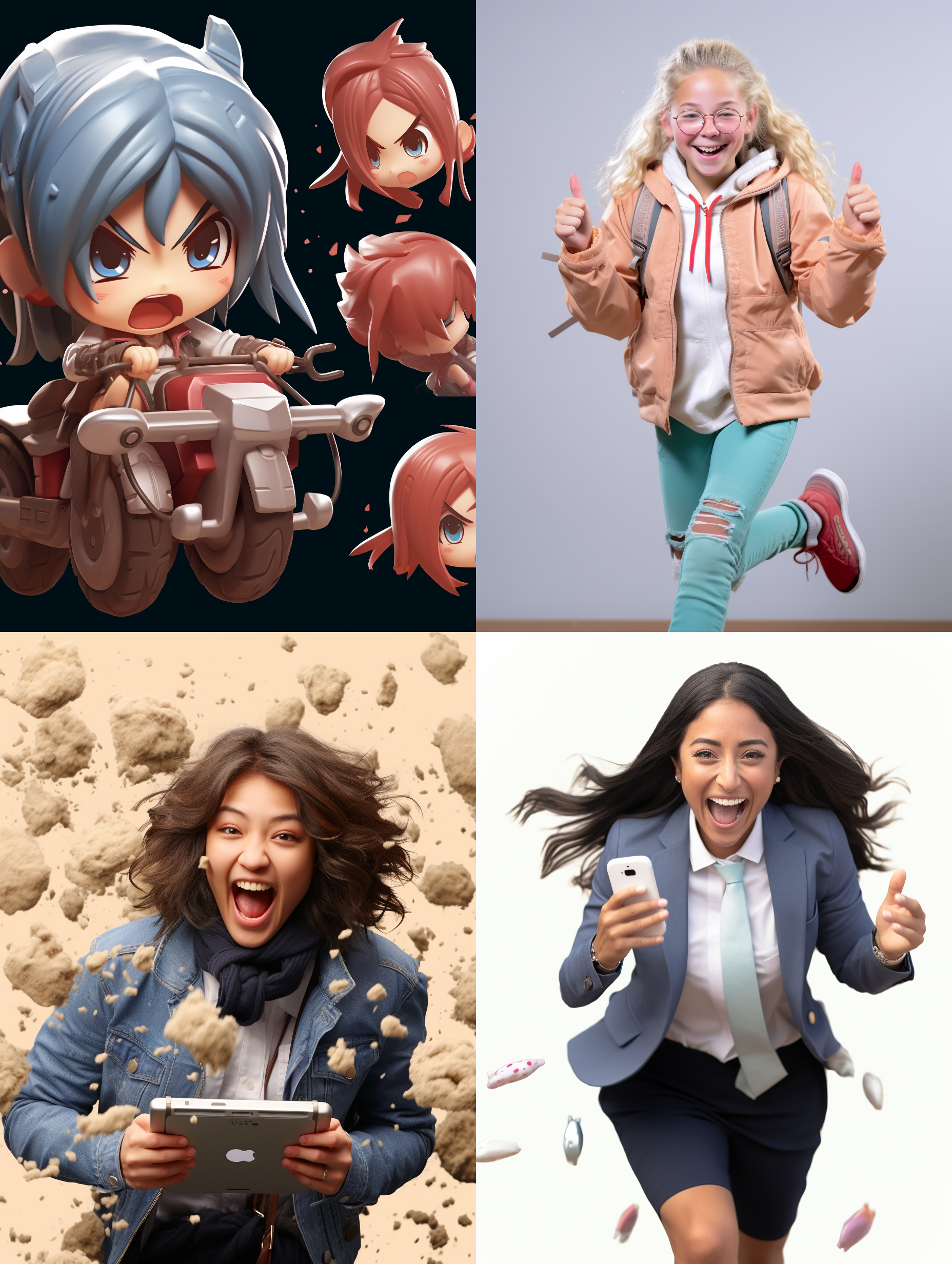 a girl with a sense of technology, close shot face, close shot expression, full body mouse expression and action, exaggerated action, happy, angry, sad, surprised and other emotions,white background, sticker art design of q version design, super definition,8k nine grid layout