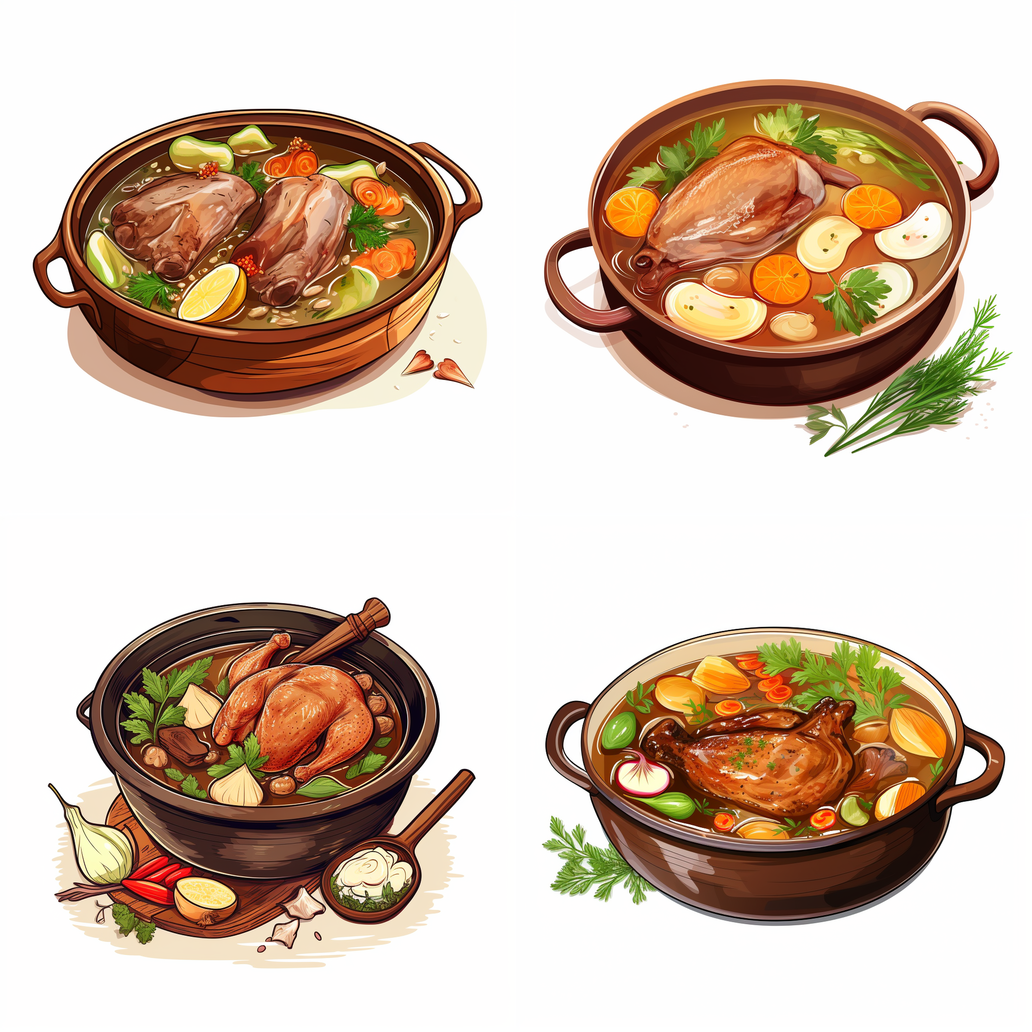 一碗鸭肉汤锅，锅中的鸭肉肥嫩多汁，搭配丰富的蔬菜和香料，这张照片以食物为主题。这张照片是卡通的，带有矢量的元素。白色的背景。