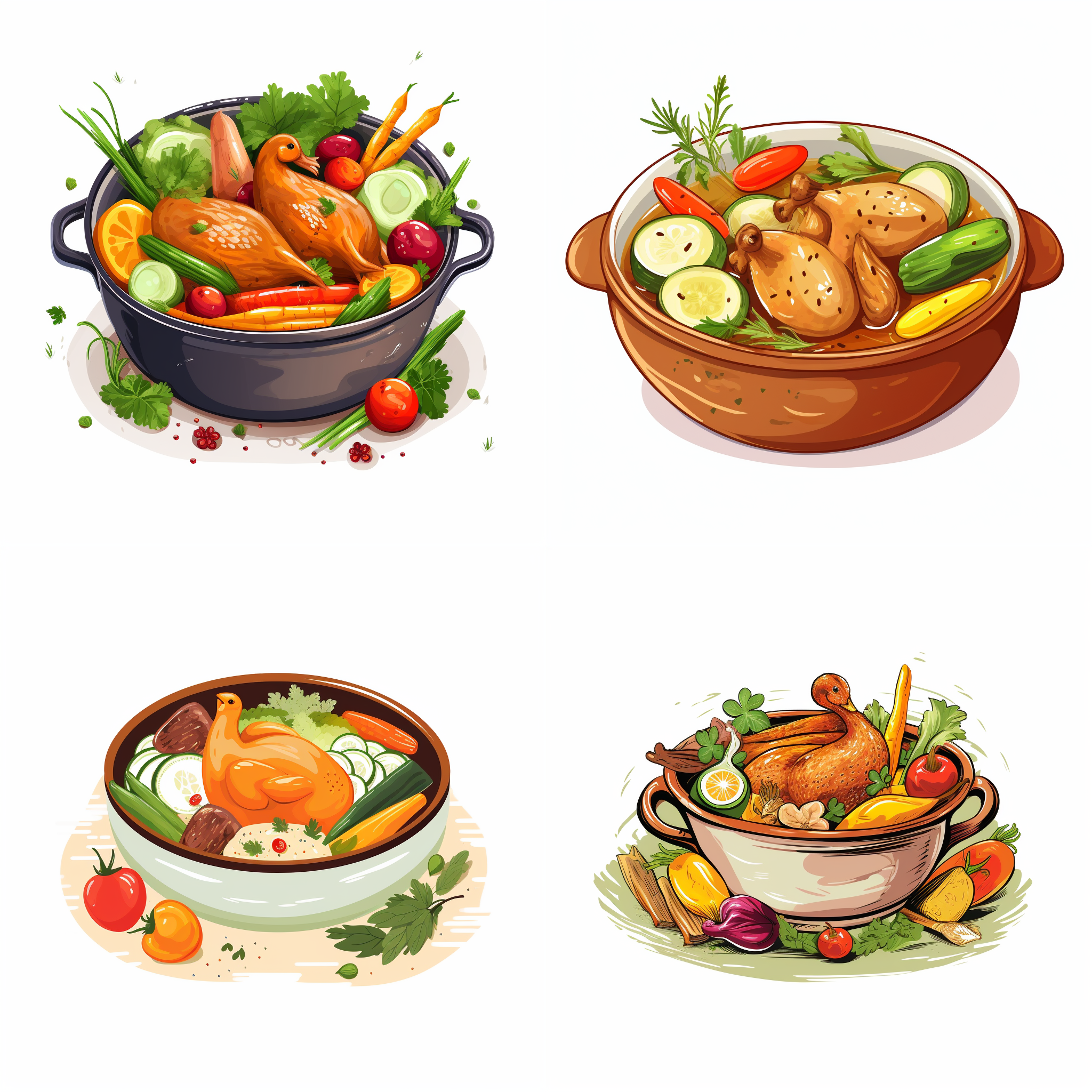 一碗鸭肉汤锅，搭配丰富的蔬菜和香料。这张照片以食物为主题。这张照片是卡通的，带有矢量的元素。简单的配色，白色的背景。 