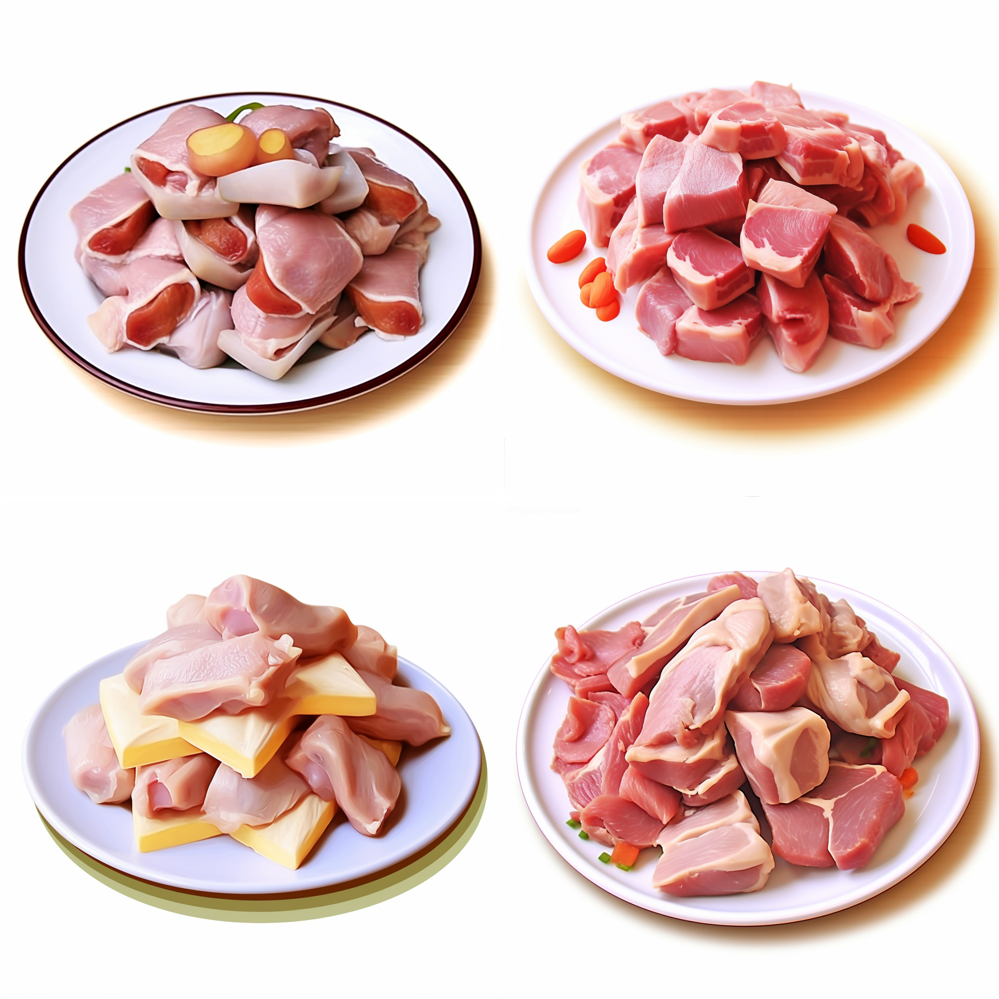 生鸭肉块堆砌着放在盘子里，卡通插图风格，矢量元素，简单的配色方案，白色背景，