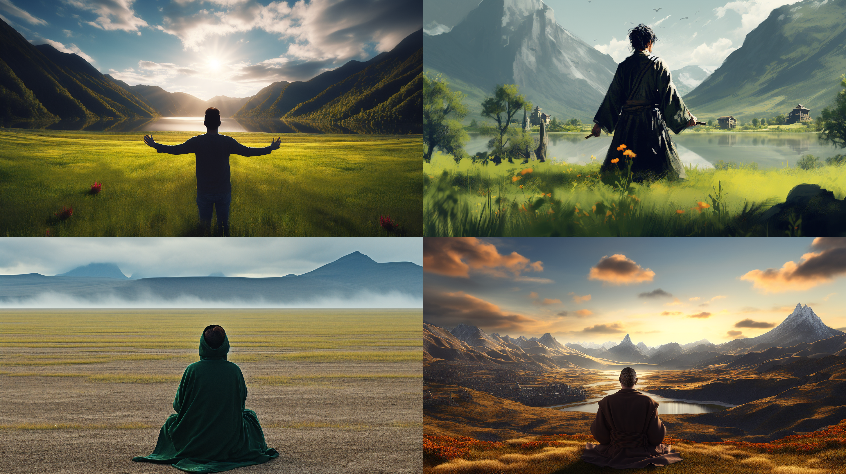 一个人坐在一片无际的绿色草原上冥想中，祥和宁静。能量