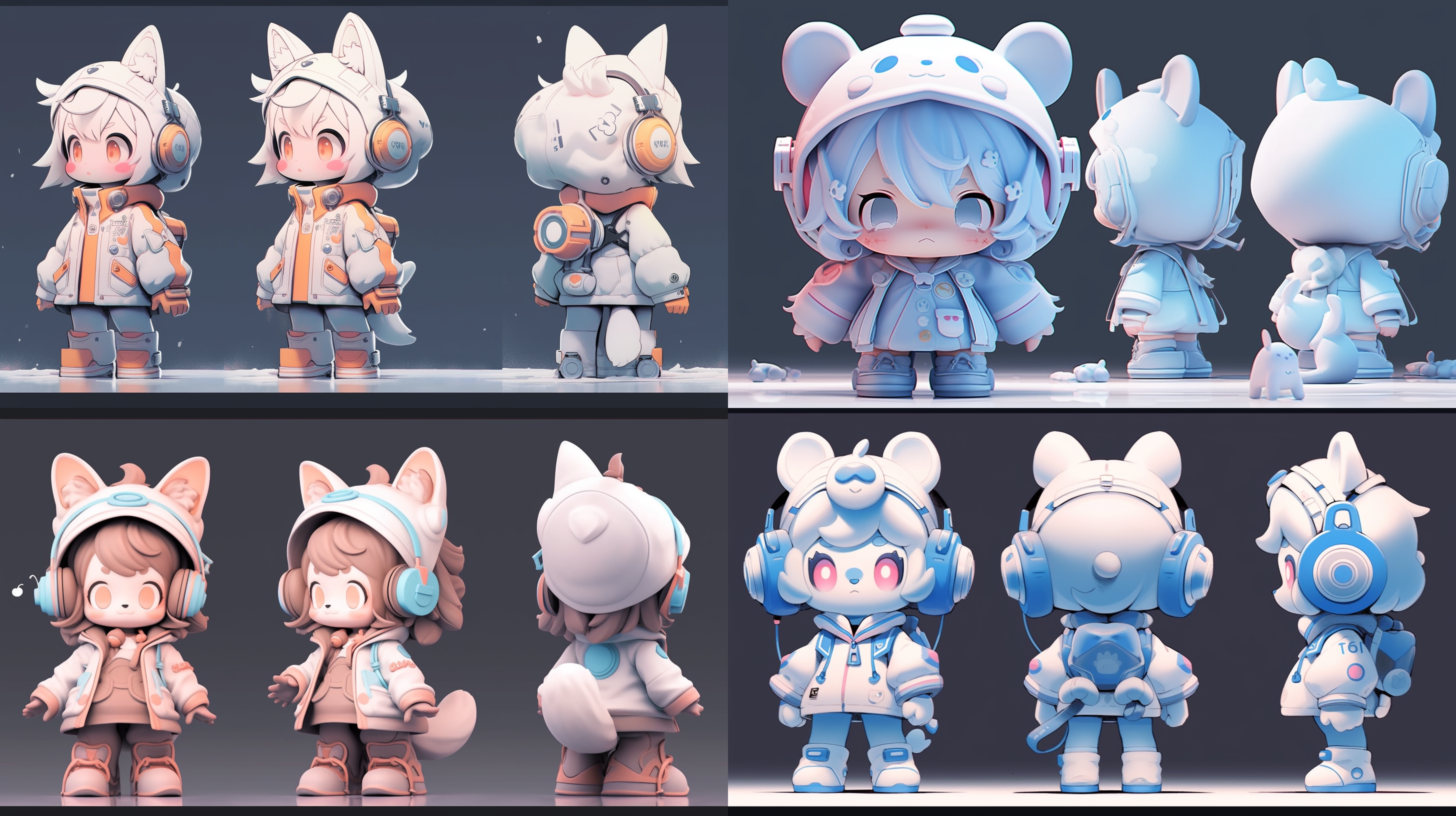 blind box style fox girl character, cool，sense of technology，blue seriesbaggy pants, headphones,clean background, natural lighting,8k, best quality, ultra - detail, three-view drawing，3d, c4d, blender, oc renderer, ultra hd, 3d rendering, stand, fullfrontal