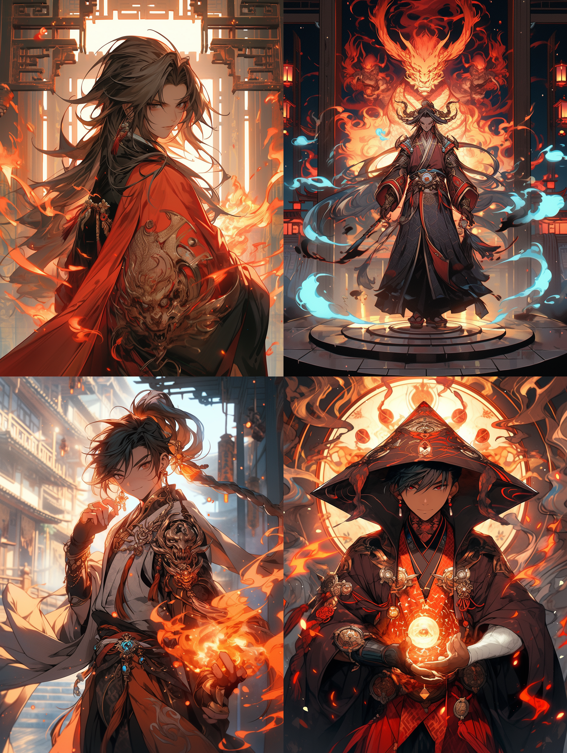 一个正面视角的亚洲术士，穿着帅气站在帝国的时空门前，手上操纵着火焰，目光坚定，看向前方