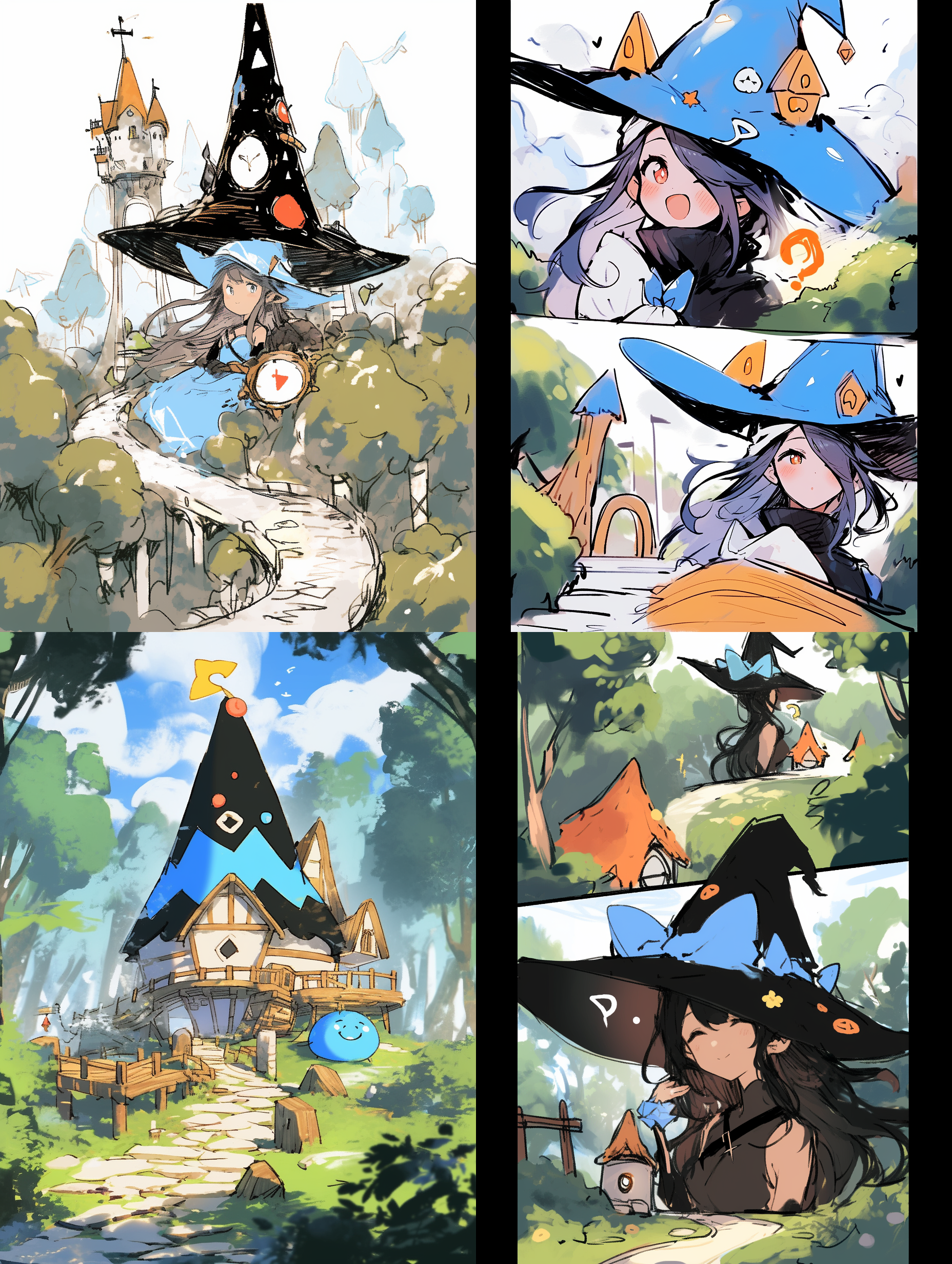 漫画风格，细节，高清，插画上色，主体建筑物顶是女巫帽设计