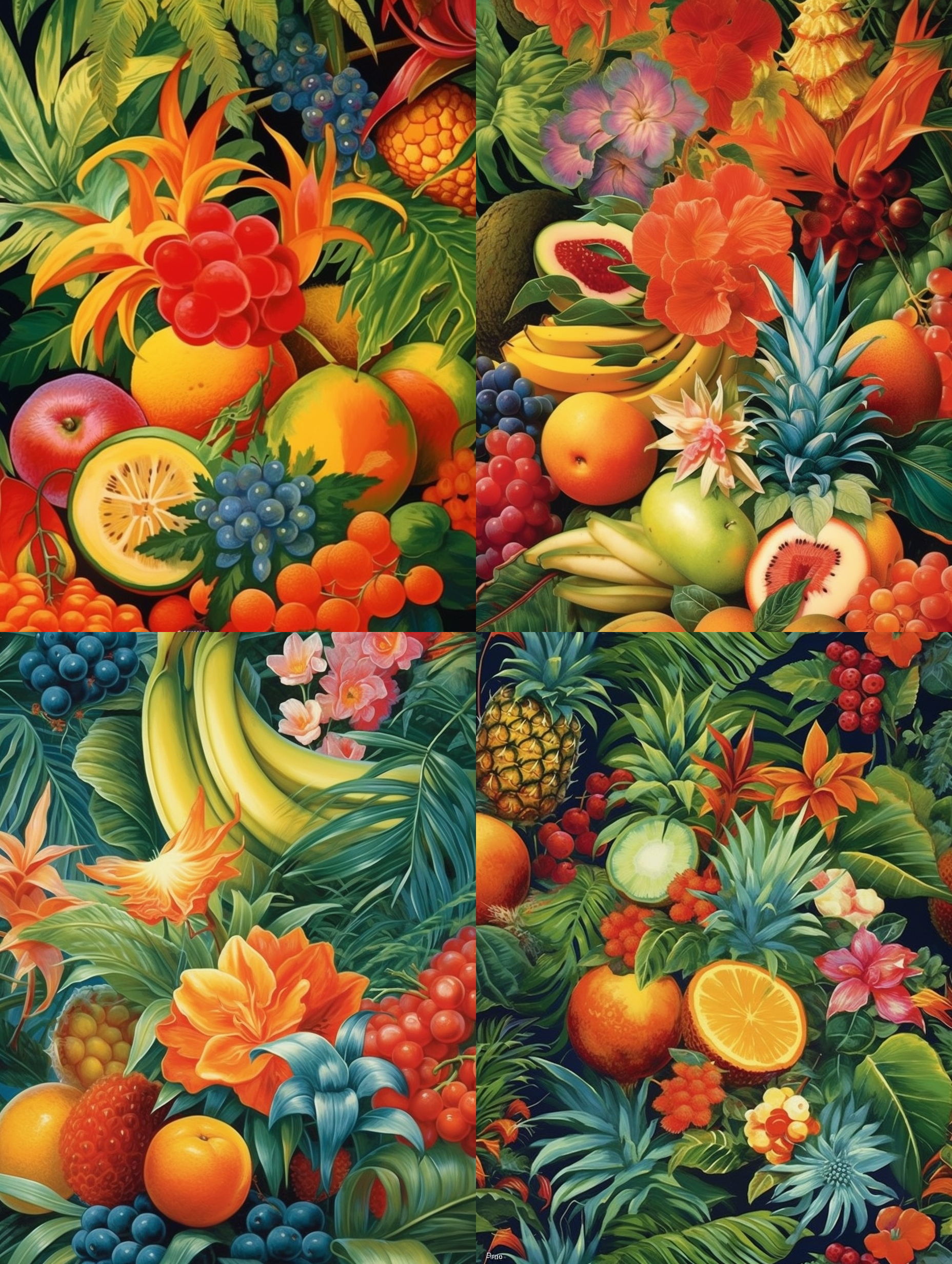 夏威夷风情元素，四方连续，水果，夏威夷植物，配色清新