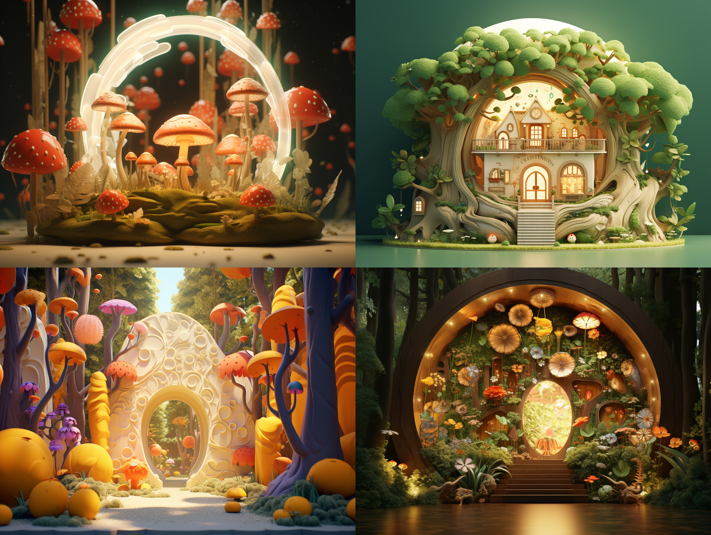 生成一个背景，森林里，高端自然配色，明亮和谐，泡泡商城风格，卡通写实，图书插图风格，海派，有机雕塑，c4d风格，图书插图风格，4k展示，