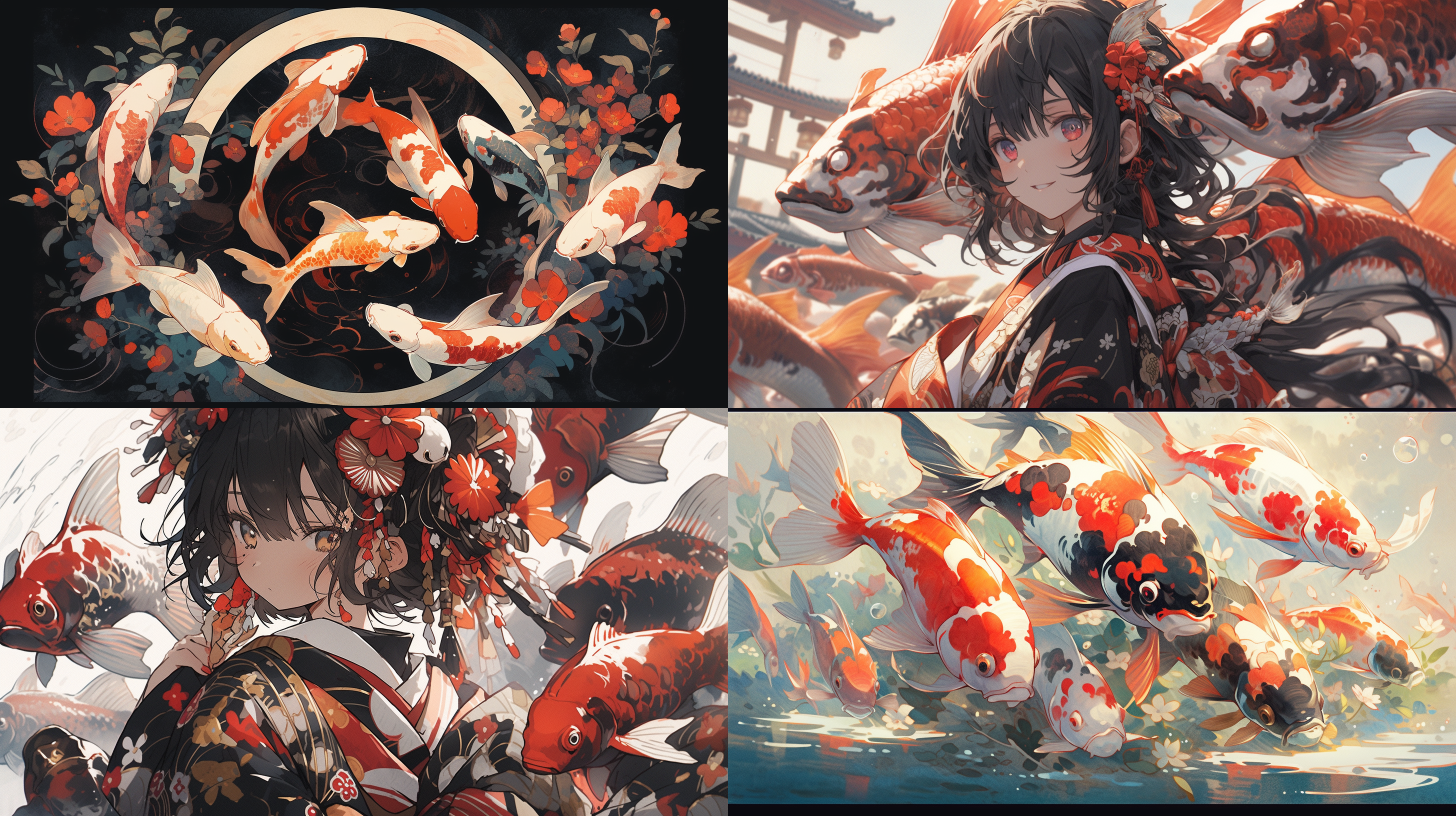 九条锦鲤，其中一条是黑色锦鲤