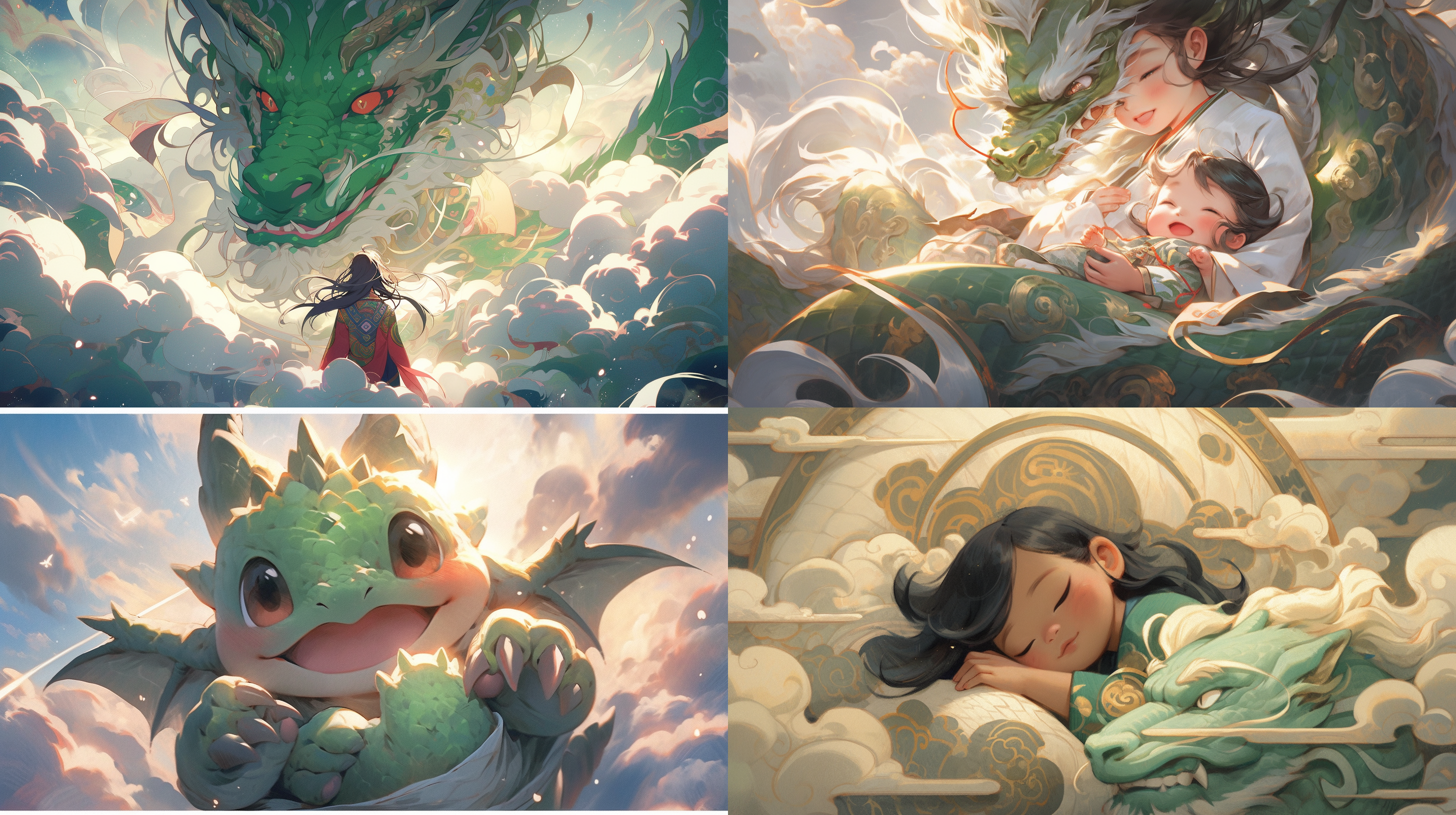 一条青龙，翱翔在天空，保护着一个刚出生的小婴儿，中国风，清晰的青龙鳞片，光线透过云层闪耀，小婴儿非常可爱抱着元宝。