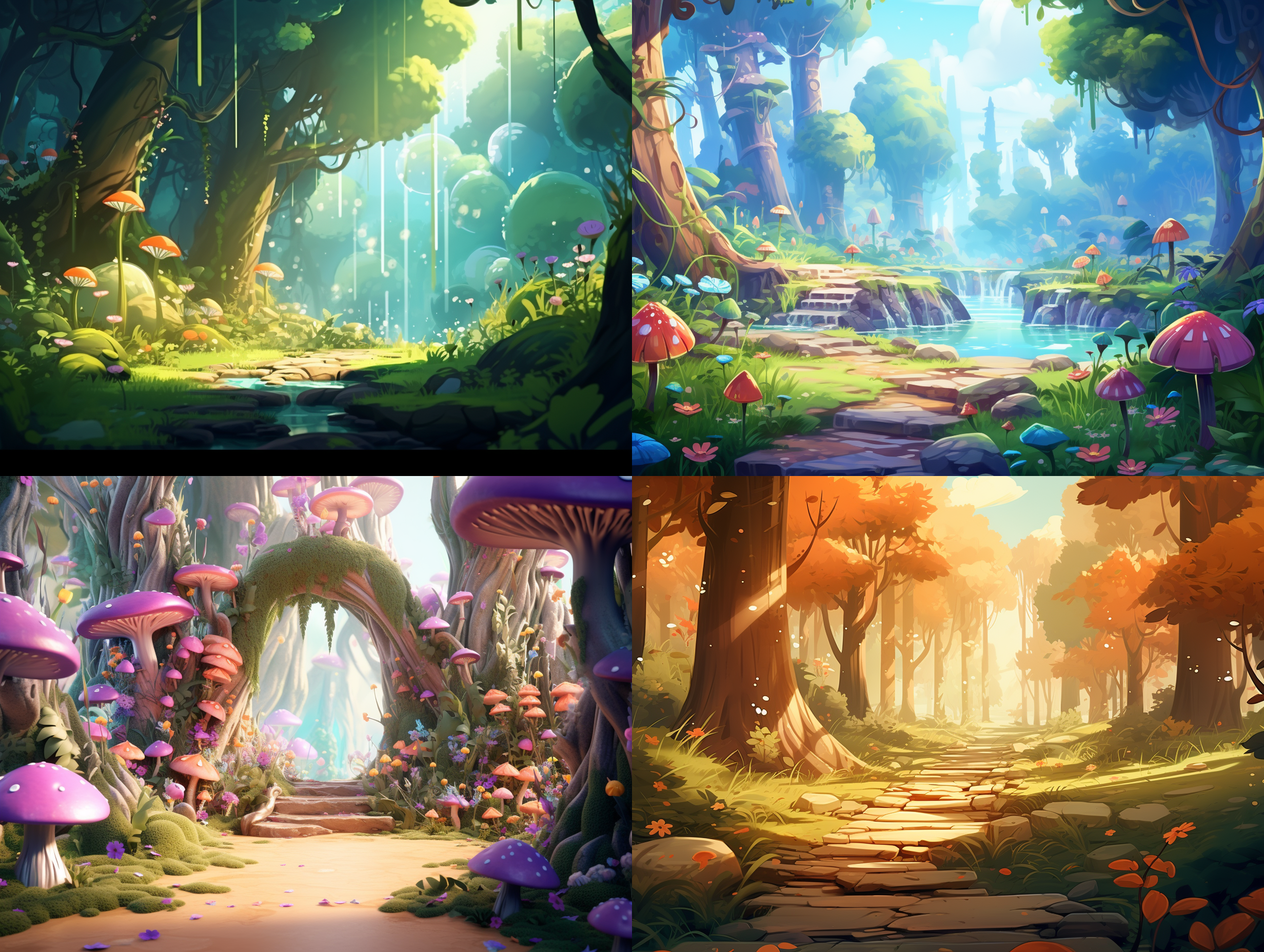 生成一个背景，森林里，高端自然配色，明亮和谐，泡泡商城风格，卡通写实，图书插图风格，4k展示，