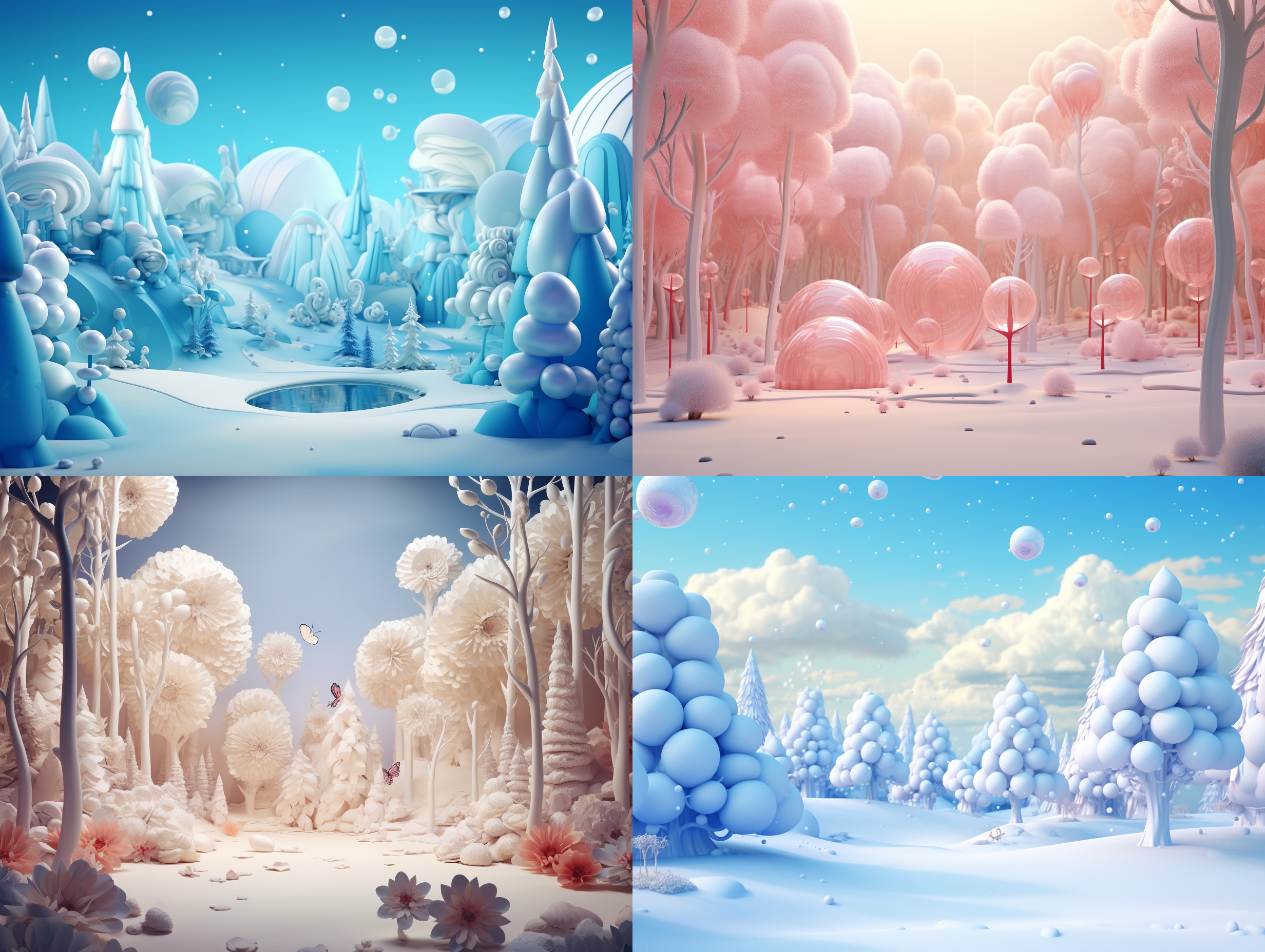 生成一个背景，冬天的森林里，有天空，高端自然配色，明亮和谐，泡泡商城风格，卡通写实，图书插图风格，海派，有机雕塑，c4d风格，图书插图风格，4k展示，