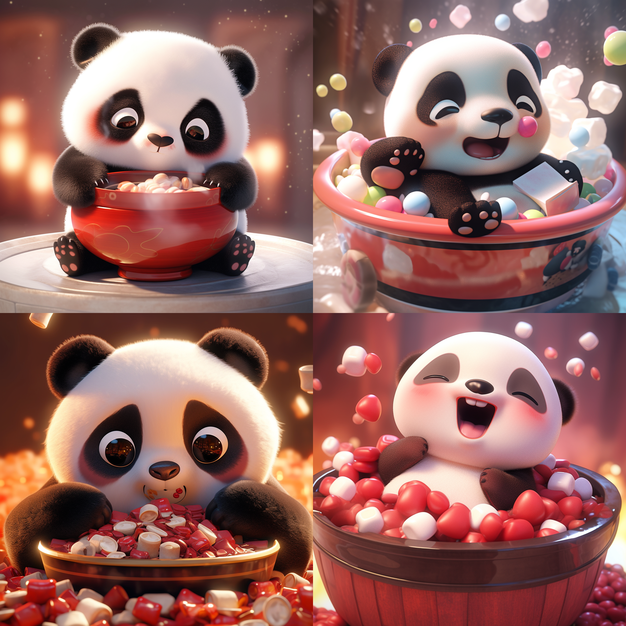 a cartoon panda, using，chinese chopsticks to put noodles in its mouth, with noodles in its mouth white noodles, red bowl, human body, bubble mat, restaurant scene, blind box panda ip, full body photo, plump body, watery big eyes, exquisite facial features, 3d style, natural light, 8k, best quality, super detail, 3d, c4d,blender, oc renderer, ultra high-definition, 3d renderer