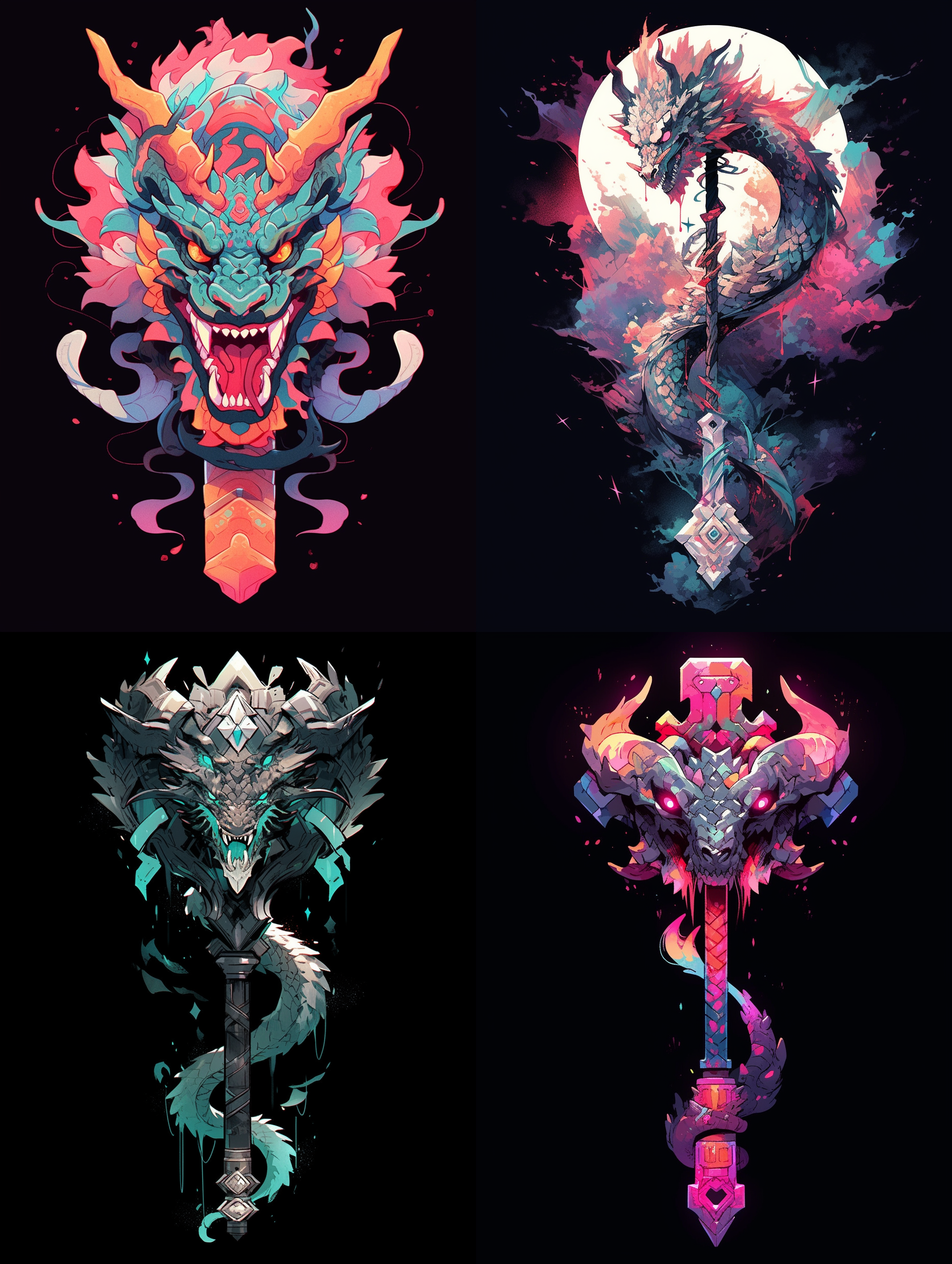 黑色背景上有一个巨大的东方龙头造型的锤子，龙头方正卡通风格，45度角度