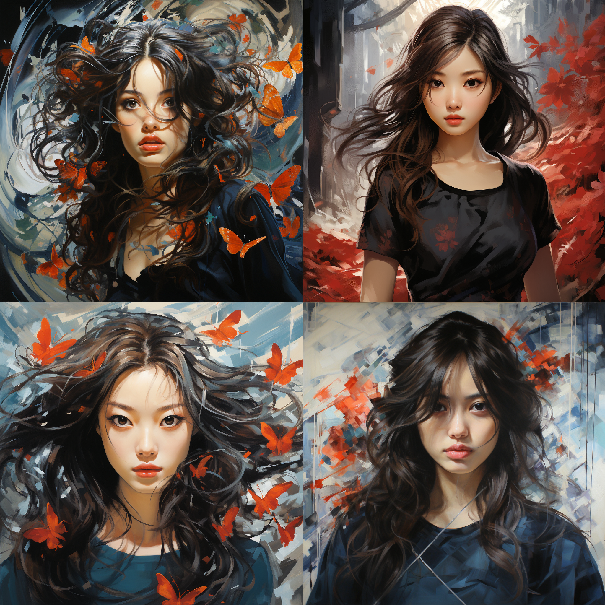 a 20-year-old chinese girl, white skin, red phoenix eyes, long flowing hair, wearing a black dress, collarbone, the background is a lot of blue butterflies flying，by julie bell