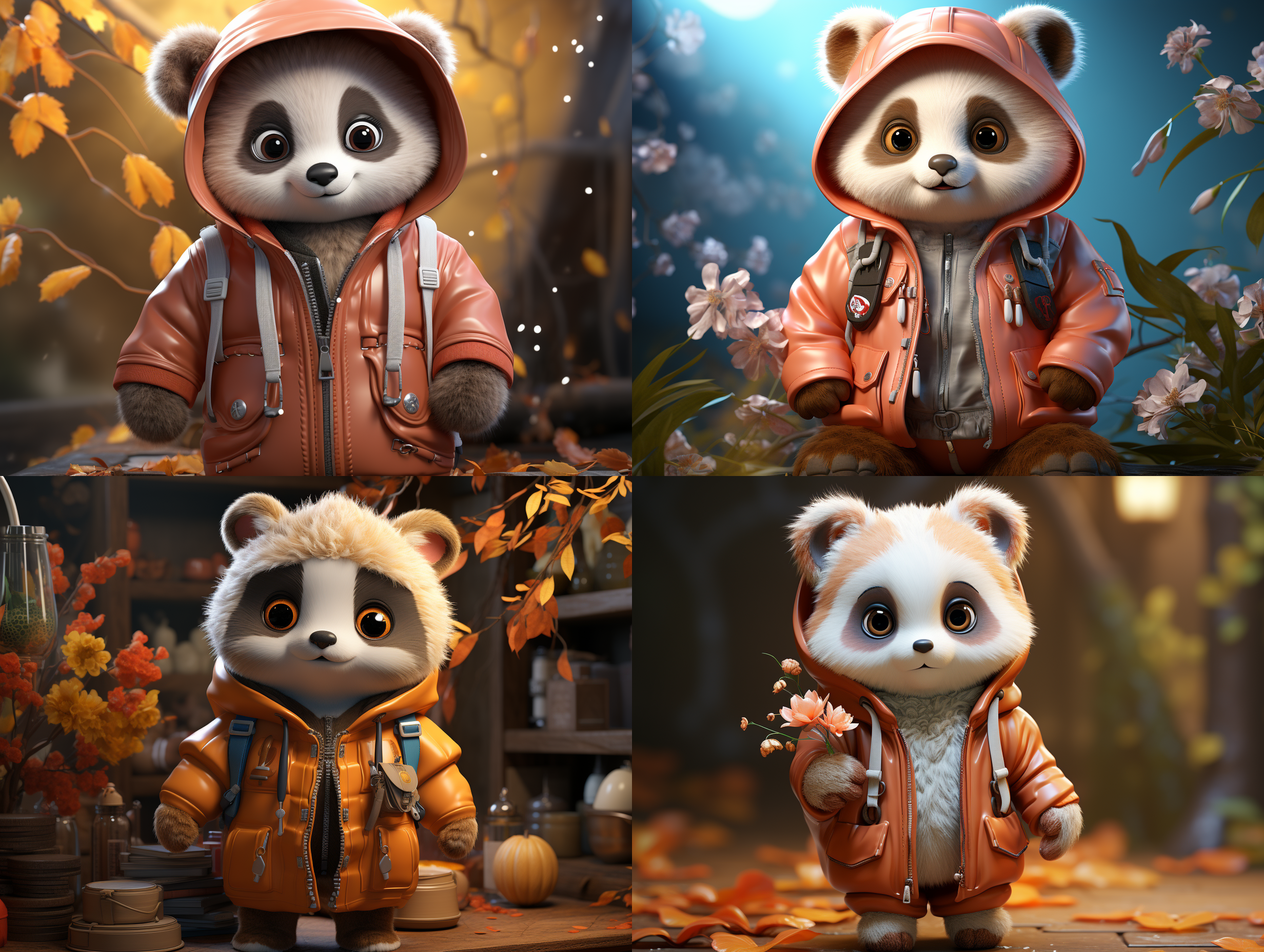 一只可爱的熊猫，看着镜头，站得自然饱满，服装和背景搭配迎合春夏秋冬4个季节变化来搭配。高端自然配色，明亮和谐，可爱多彩，光线追踪，泡泡商城风格，设计简洁，ip盲盒形象，人物设计细节，有趣的人物设计，行为，海派，有机雕塑，c4d风格，卡通写实，图书插图风格，4k展示