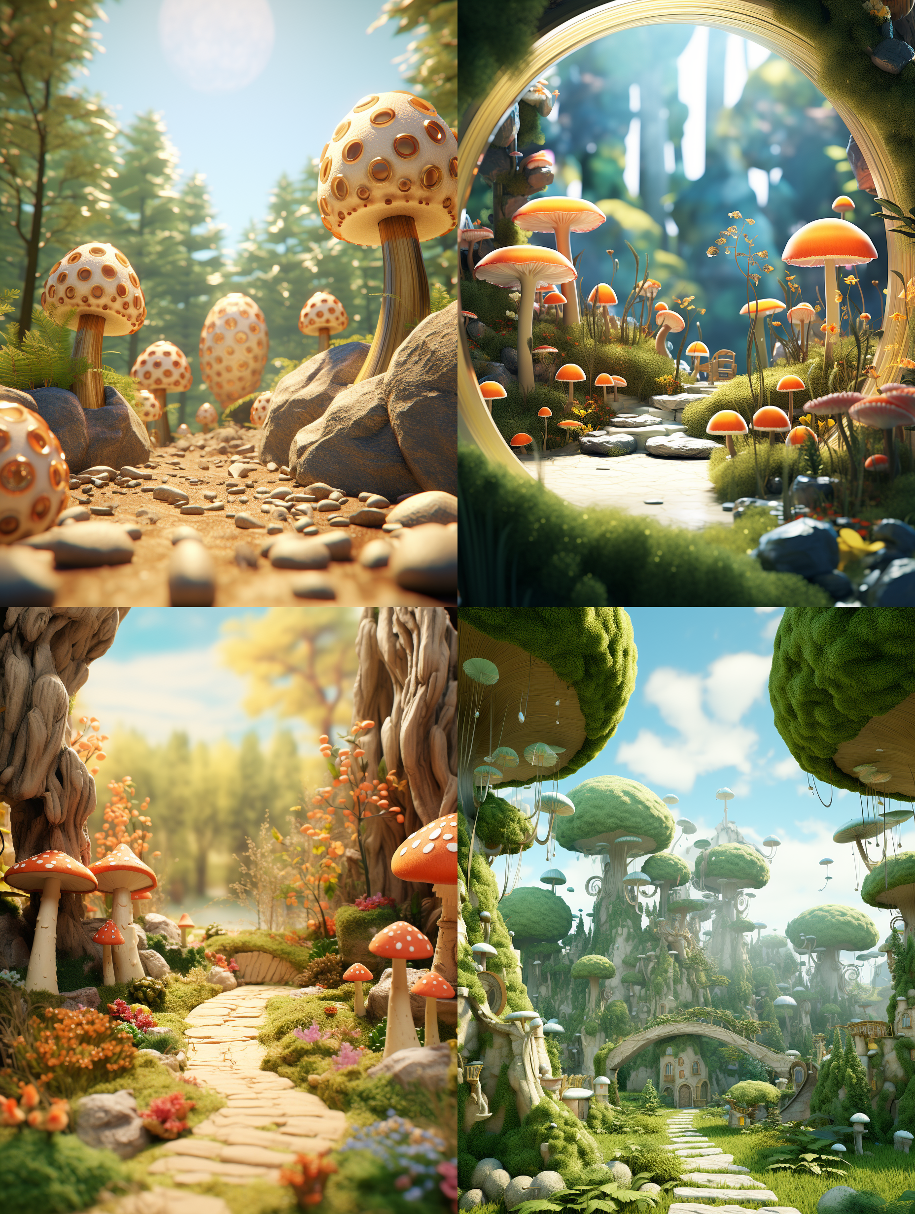 生成一个背景，森林里，有天空，景深，高端自然配色，明亮和谐，泡泡商城风格，卡通写实，图书插图风格，海派，有机雕塑，c4d风格，图书插图风格，4k展示，