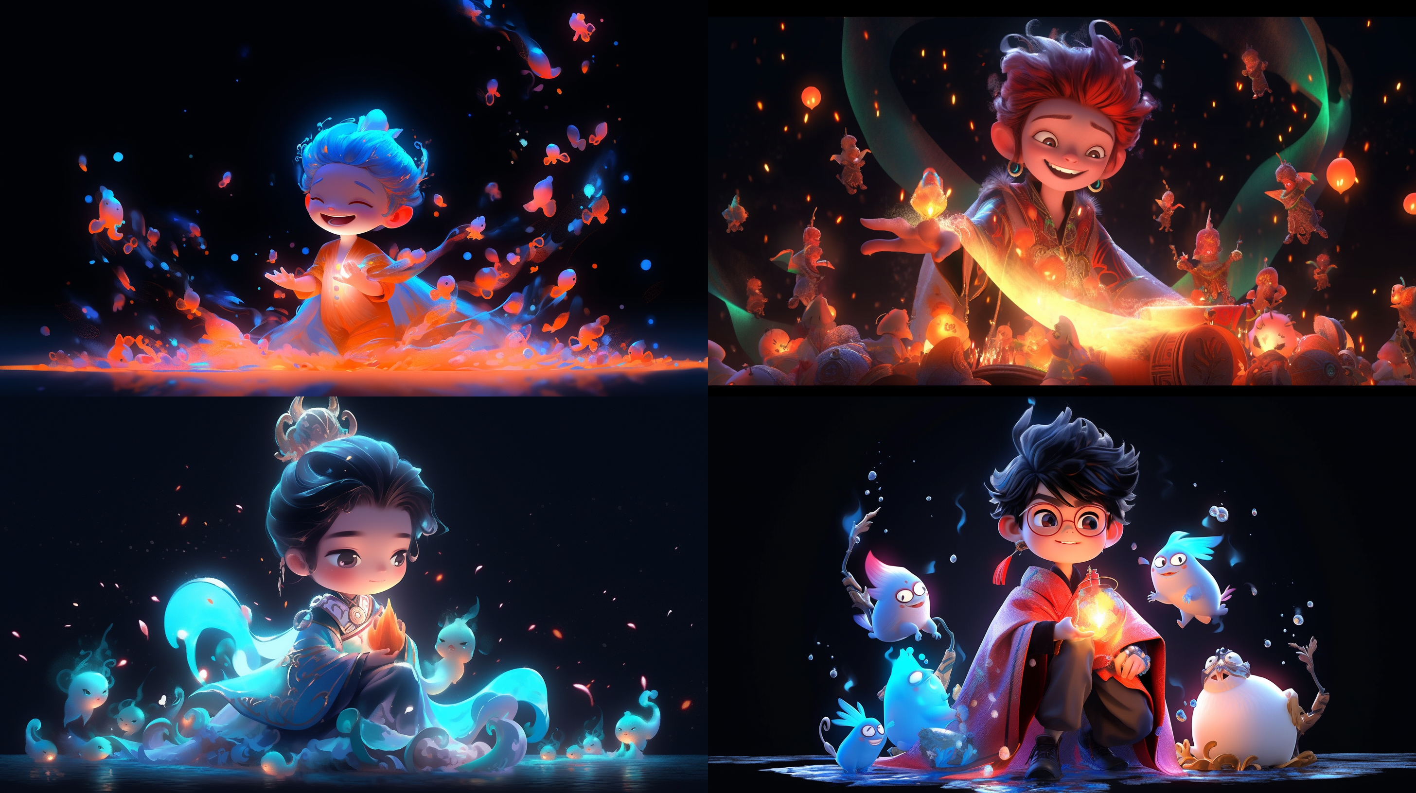 来自迪士尼皮克斯的3d人物，潮剧，ip，盲盒，全身，中式，可爱男孩，汉服，微笑，大眼睛，红色长发，玻璃材料，碱，光学，周围的精灵，怪物，纯黑色背景，粒子，粒子，金光，荧光，绿色，艺术站趋势，辛烷值渲染，8k, hd, 3d, c4d, blender