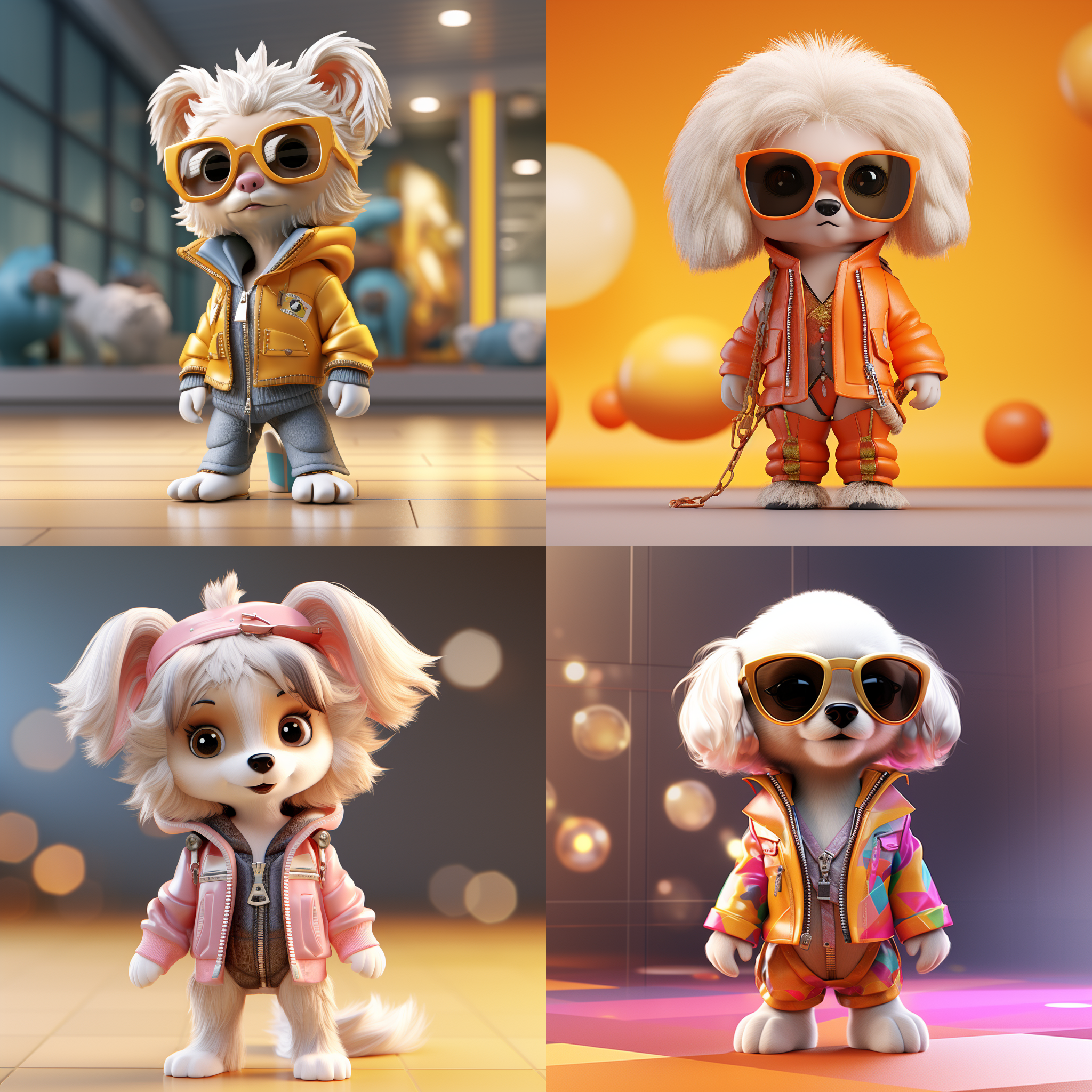 t台走秀，一只时尚的小狗，看着镜头，站得自然饱满，穿着衣服。高端自然配色，明亮和谐，可爱多彩，光线追踪，泡泡商城风格，设计简洁，ip盲盒形象，人物设计细节，有趣的人物设计，行为，海派，有机雕塑，c4d风格，卡通写实，图书插图风格，4k展示，