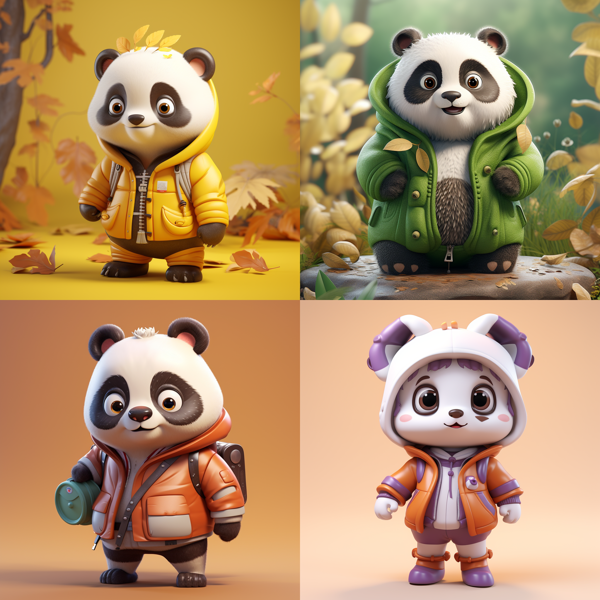 一只可爱的熊猫，看着镜头，站得自然饱满，穿着衣服。高端自然配色，明亮和谐，可爱多彩，光线追踪，泡泡商城风格，设计简洁，ip盲盒形象，人物设计细节，有趣的人物设计，行为，海派，有机雕塑，c4d风格，卡通写实，图书插图风格，4k展示，