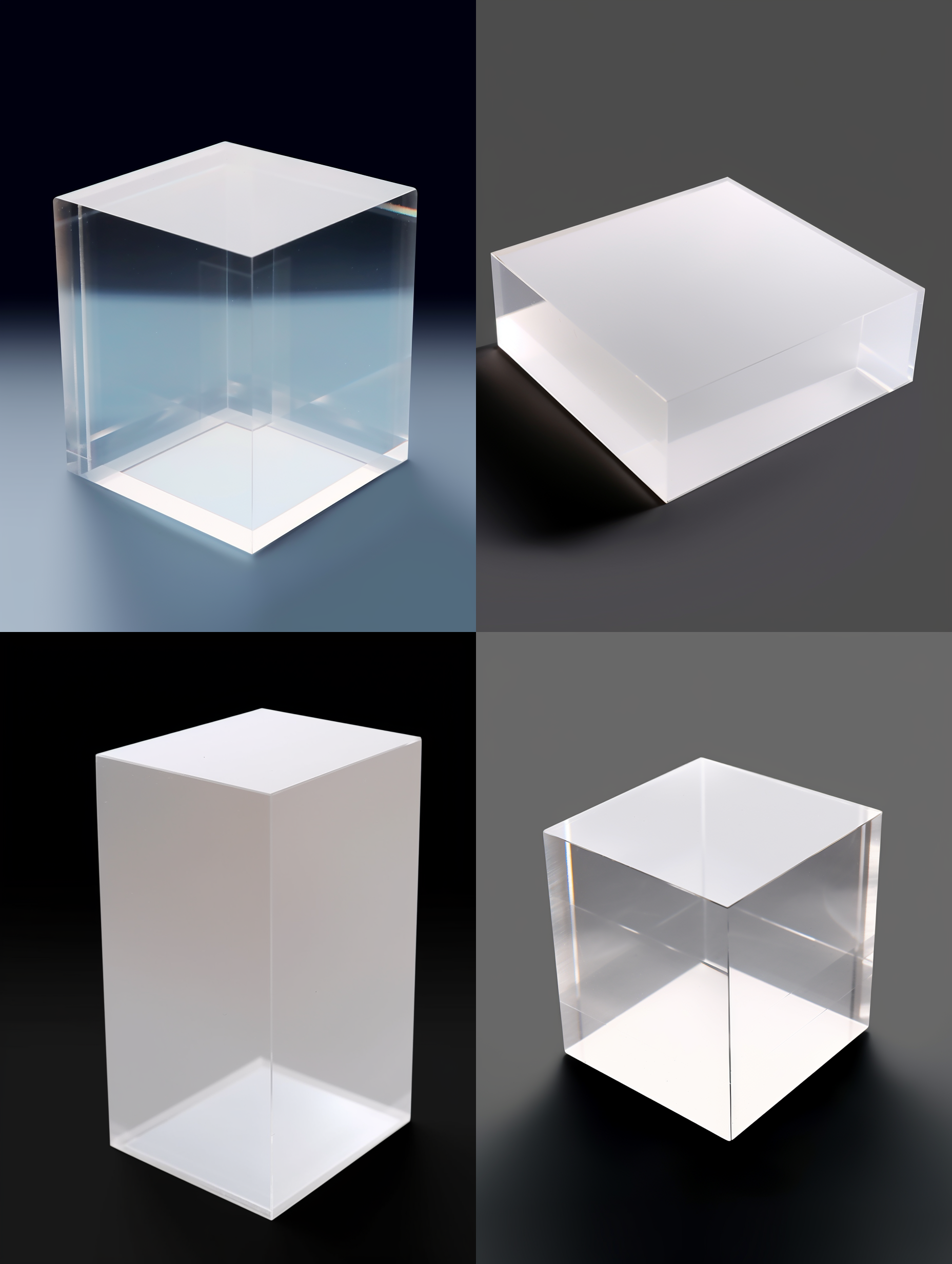 生成块无印刷亚克力板，厚的，垂直摆放在座面，3d渲染，产品图片，白色背景